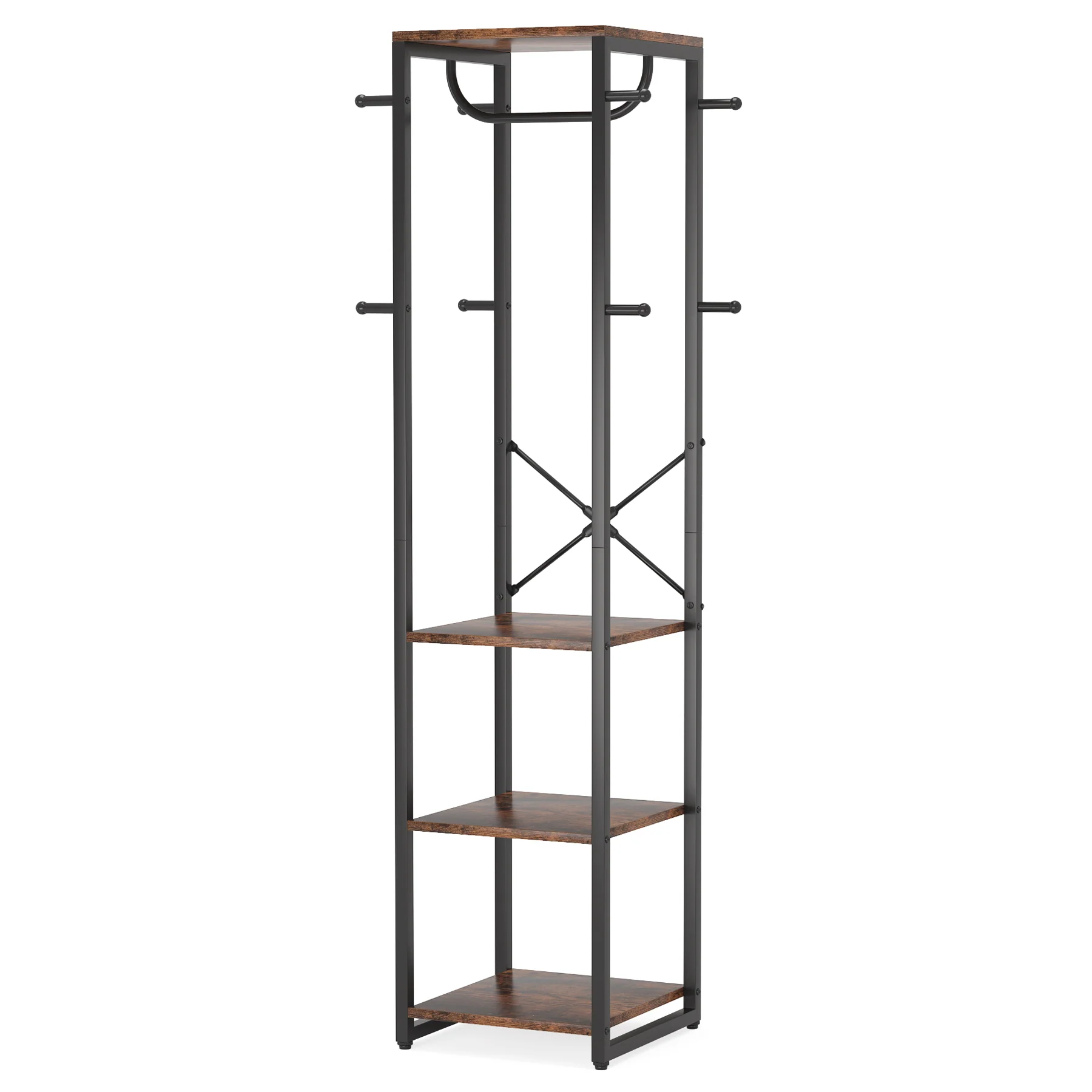 Freestanding Hall Tree, Industrial Corner Garment Rack with 4 Shelves 8 Hooks - Image 7