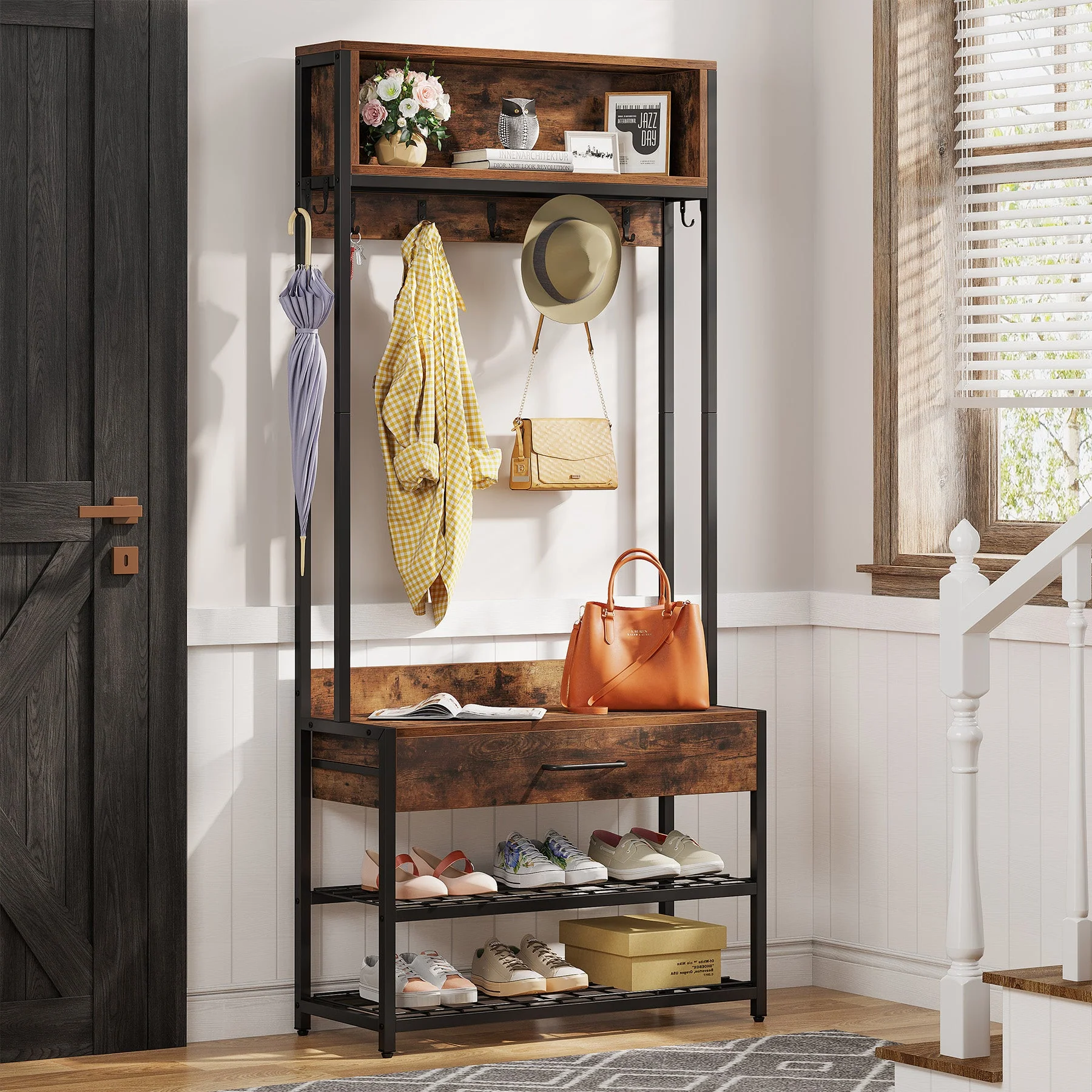 Industrial Hall Tree Shoe Bench, Entryway Closet Organizer with Drawer & Hooks - Image 3