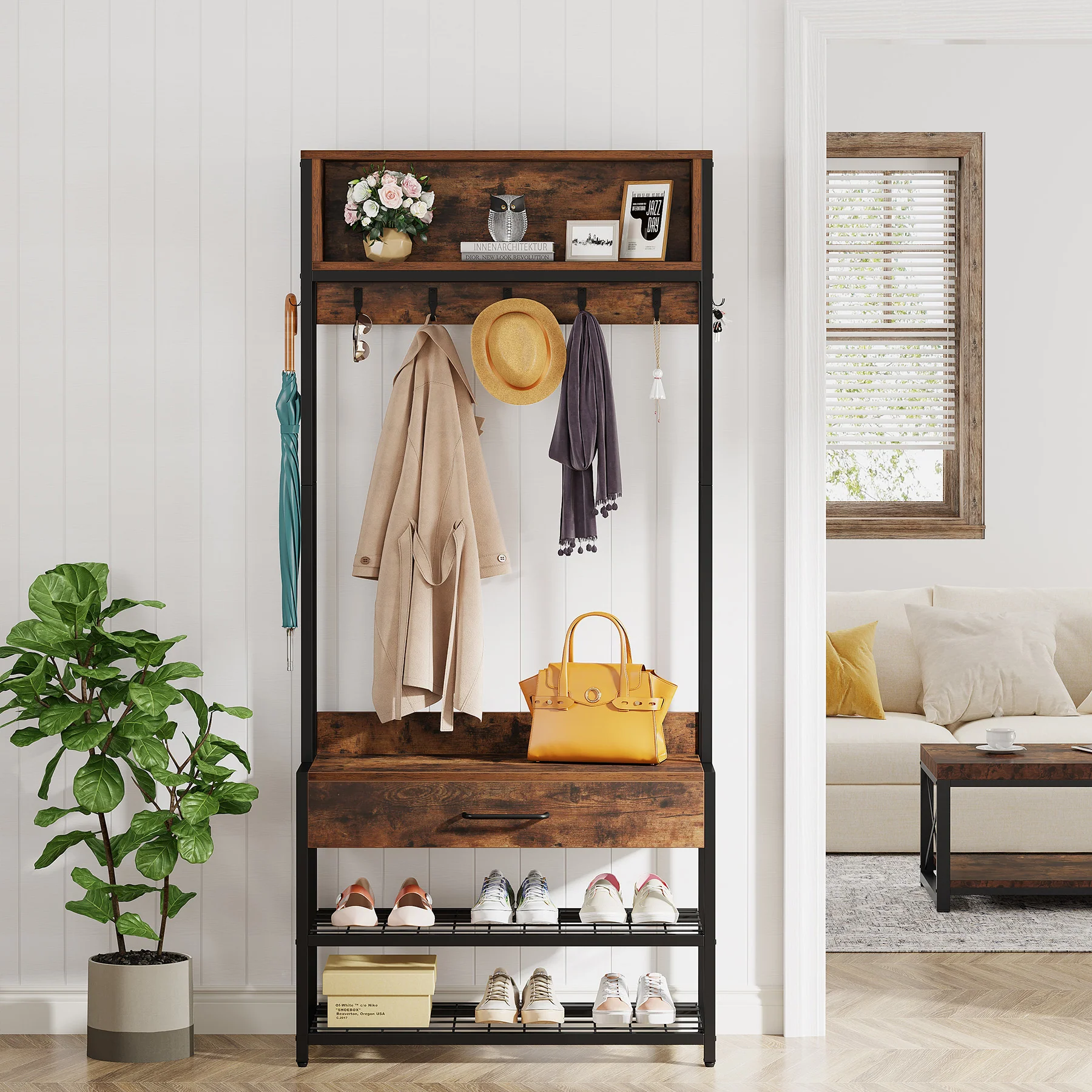 Industrial Hall Tree Shoe Bench, Entryway Closet Organizer with Drawer & Hooks - Image 4