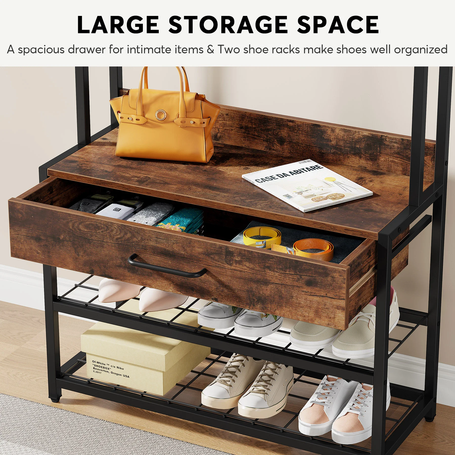 Industrial Hall Tree Shoe Bench, Entryway Closet Organizer with Drawer & Hooks - Image 5