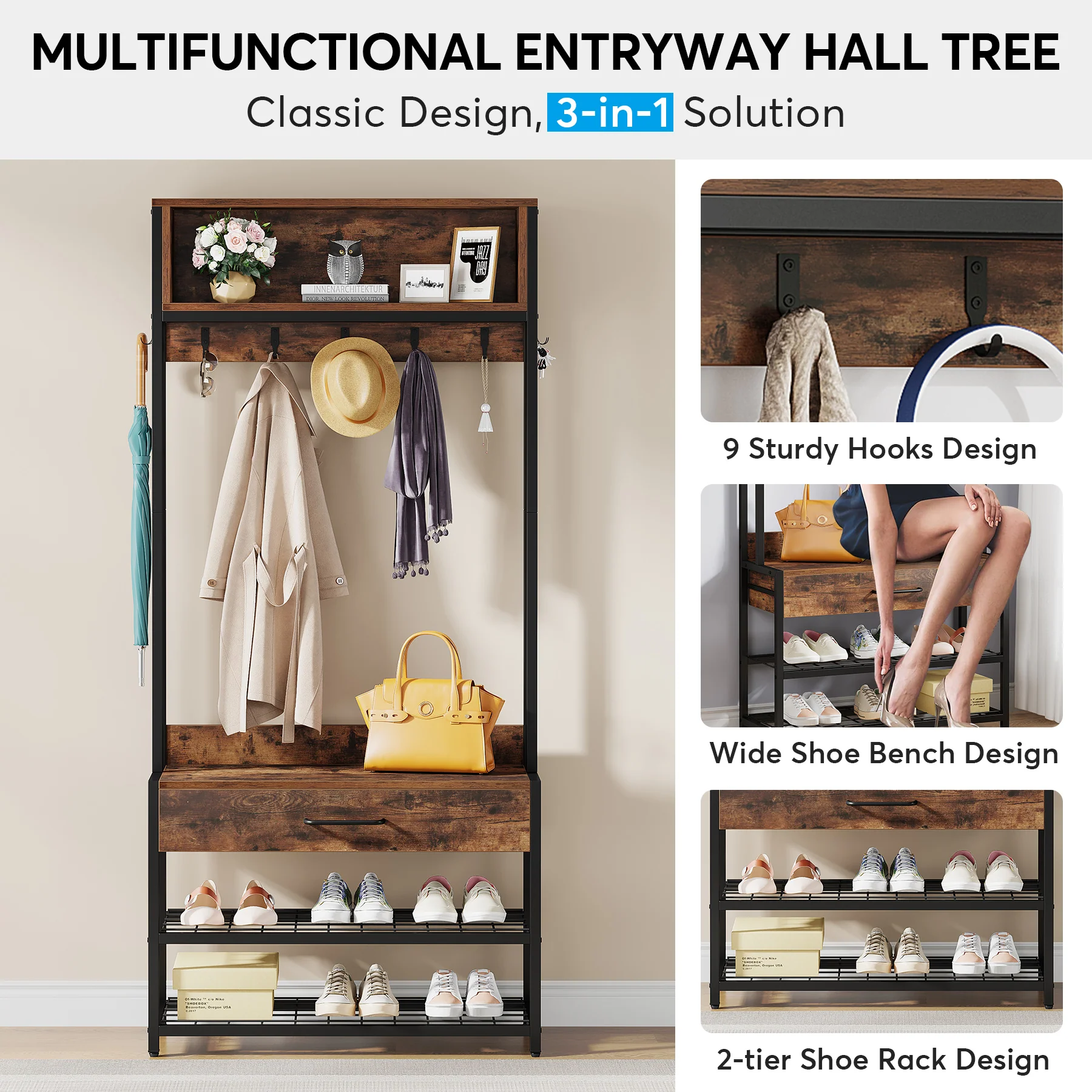 Industrial Hall Tree Shoe Bench, Entryway Closet Organizer with Drawer & Hooks - Image 6