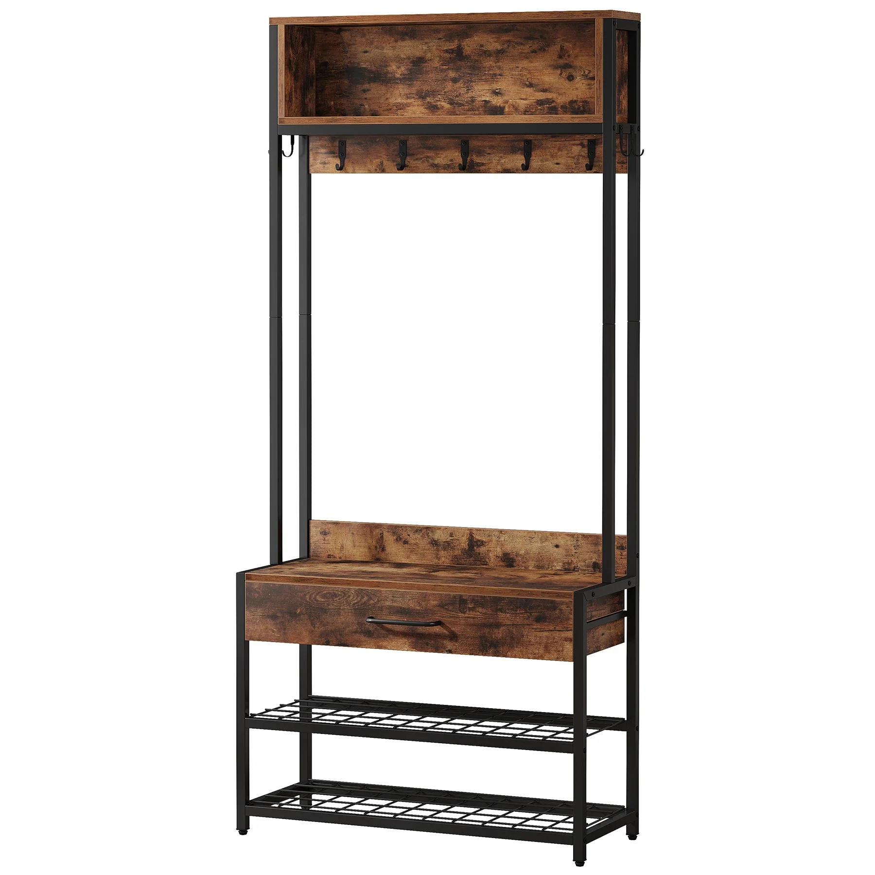 Industrial Hall Tree Shoe Bench, Entryway Closet Organizer with Drawer & Hooks - Image 7