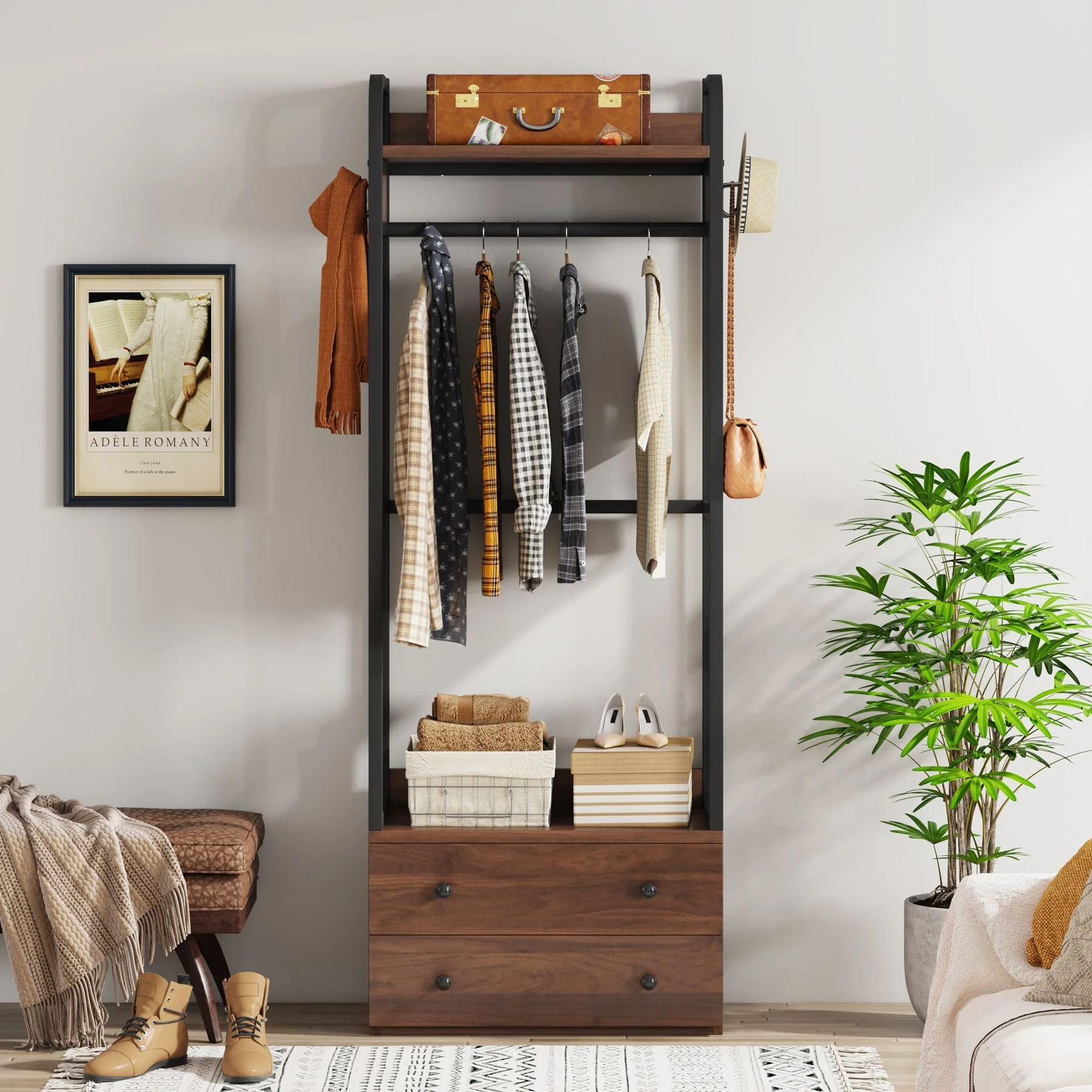 Freestanding Clothes Rack with 2 Drawers, Top Shelf and 6 Hanging Hooks - Image 3