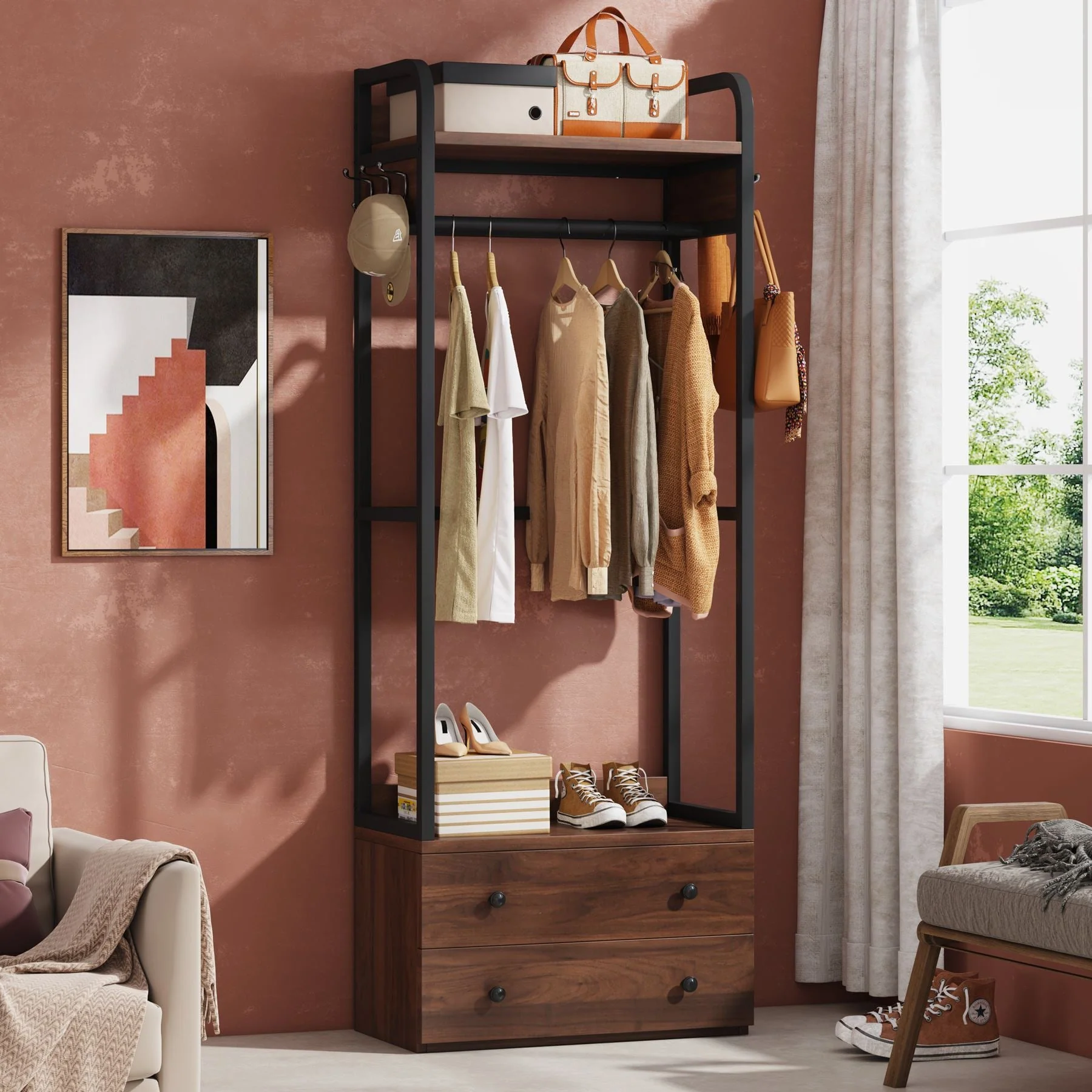 Freestanding Clothes Rack with 2 Drawers, Top Shelf and 6 Hanging Hooks - Image 4