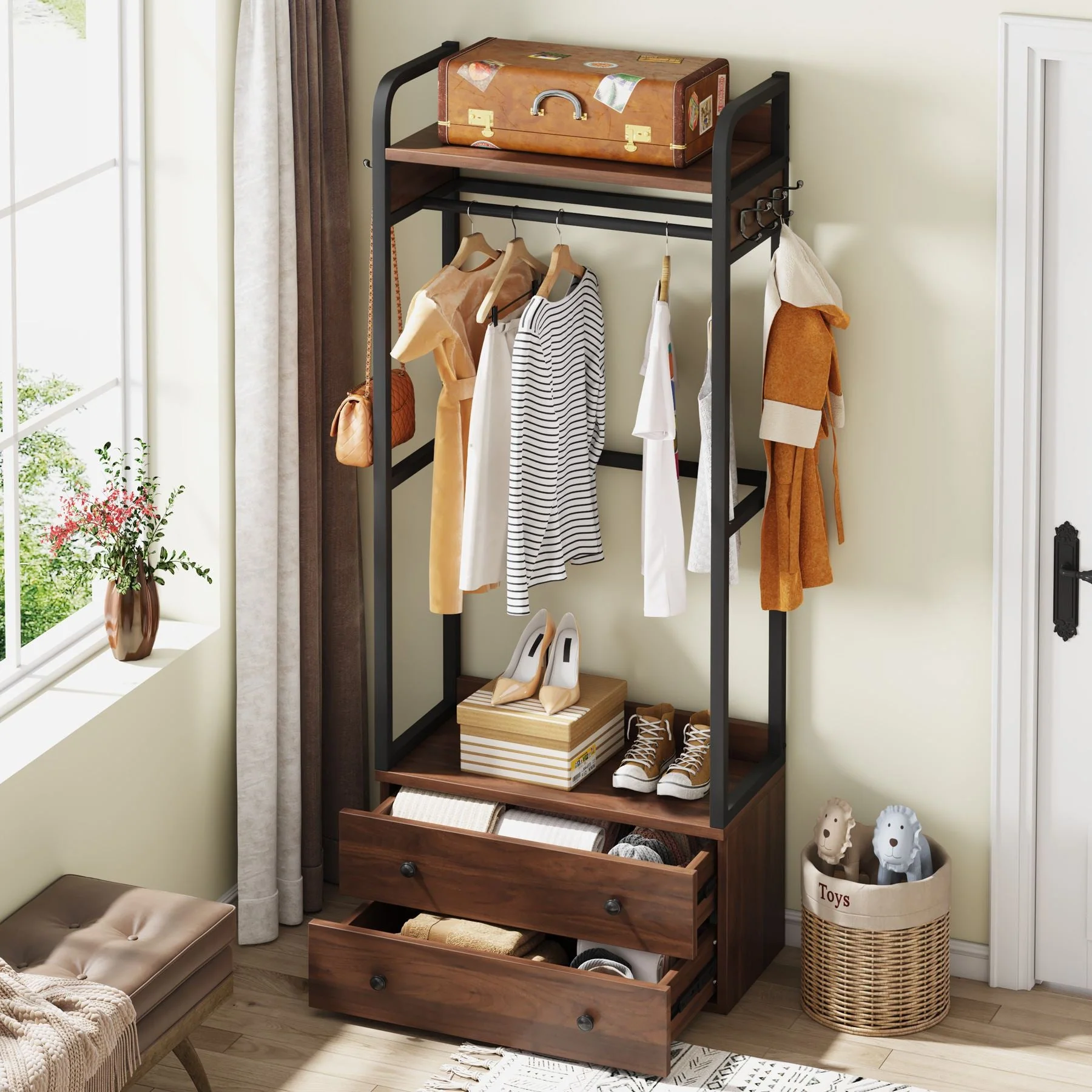 Freestanding Clothes Rack with 2 Drawers, Top Shelf and 6 Hanging Hooks - Image 5
