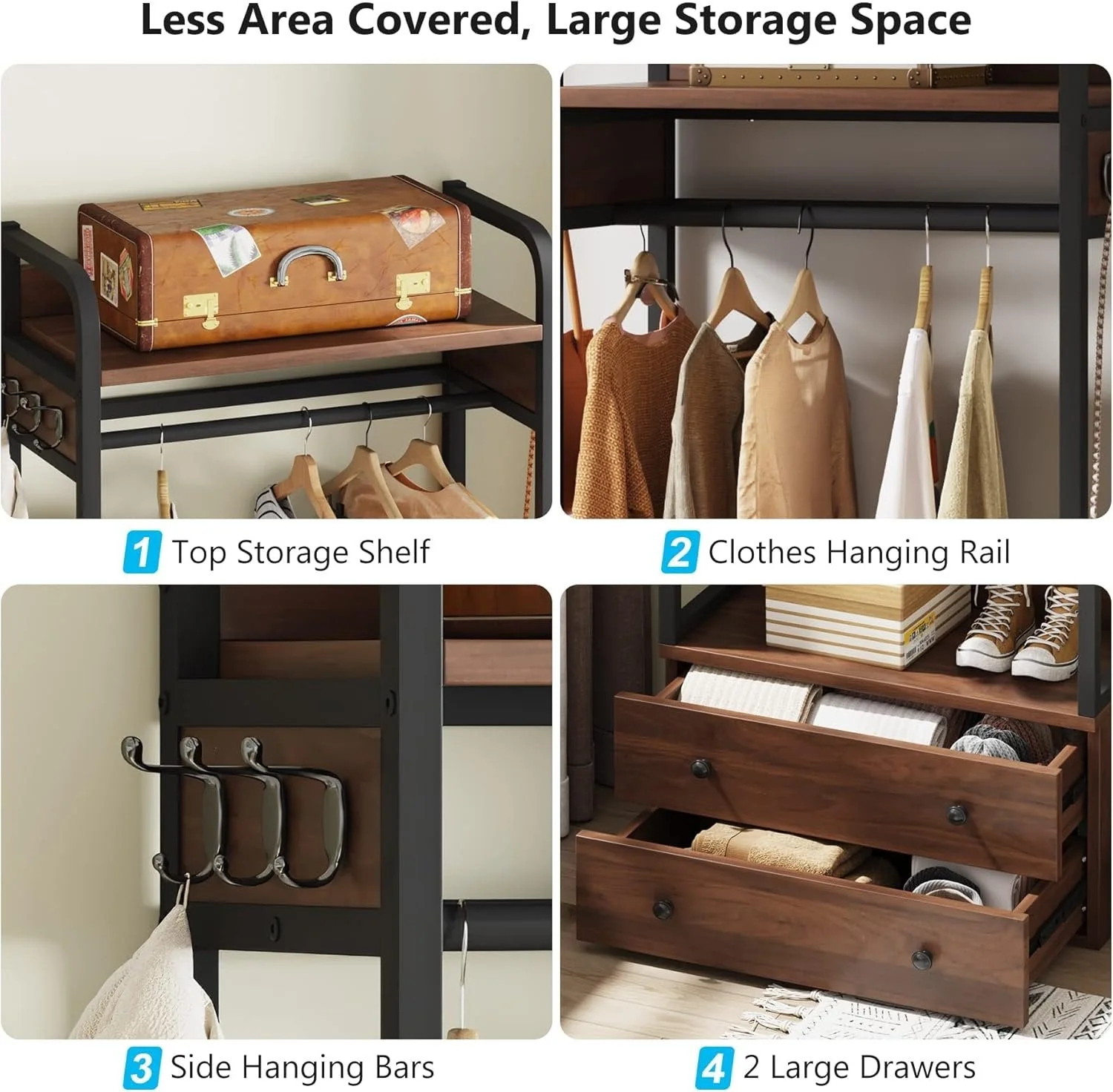 Freestanding Clothes Rack with 2 Drawers, Top Shelf and 6 Hanging Hooks - Image 6