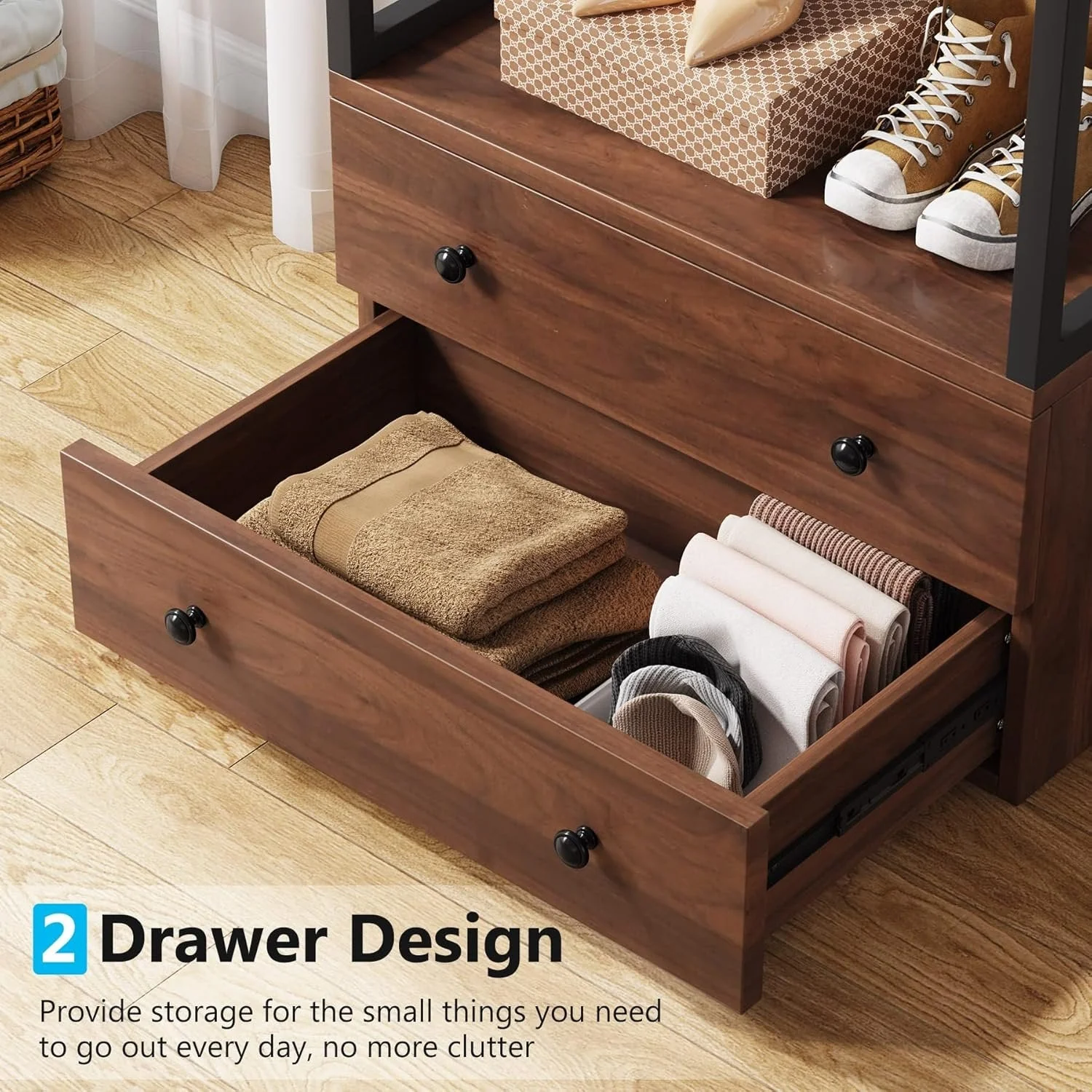 Freestanding Clothes Rack with 2 Drawers, Top Shelf and 6 Hanging Hooks - Image 7