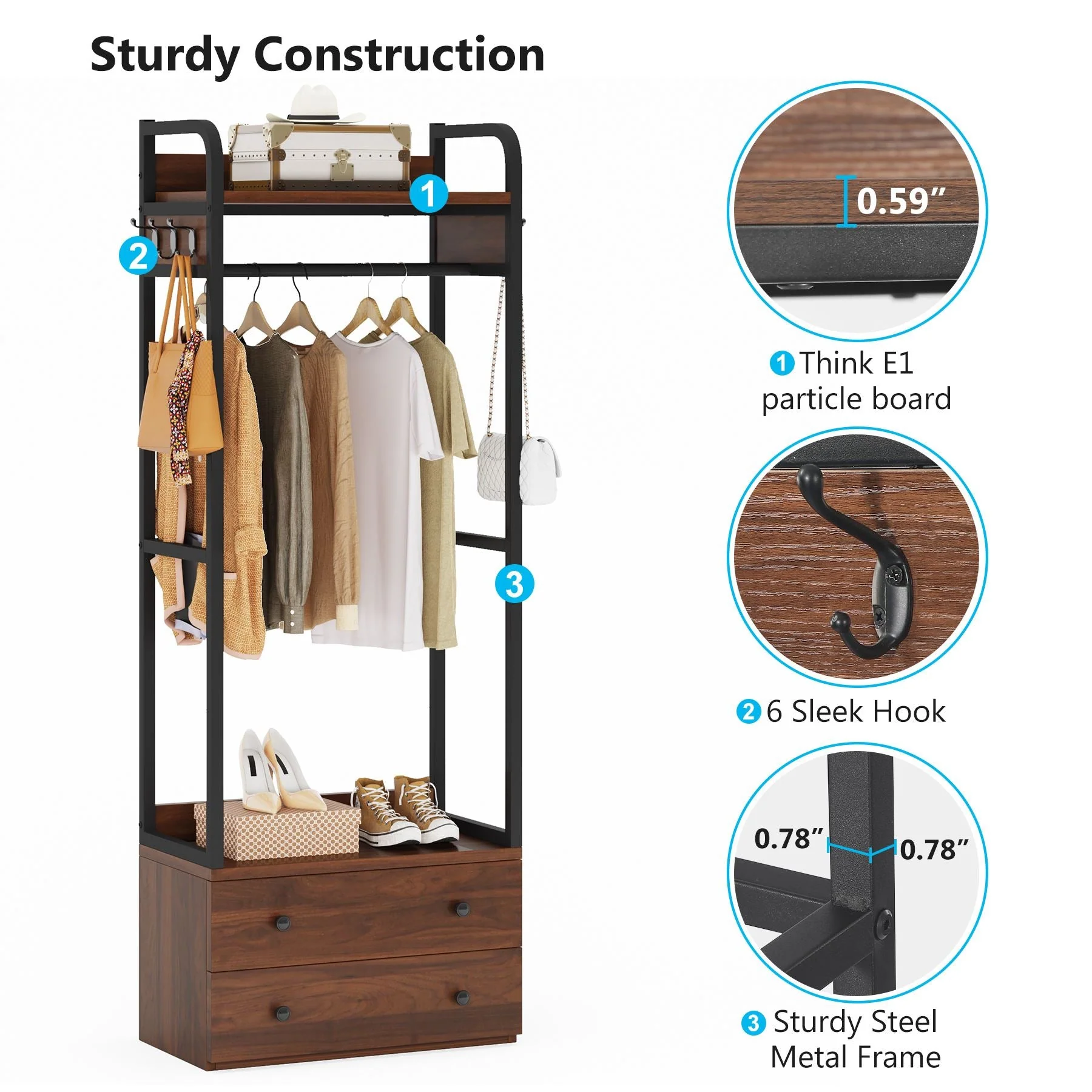 Freestanding Clothes Rack with 2 Drawers, Top Shelf and 6 Hanging Hooks - Image 8