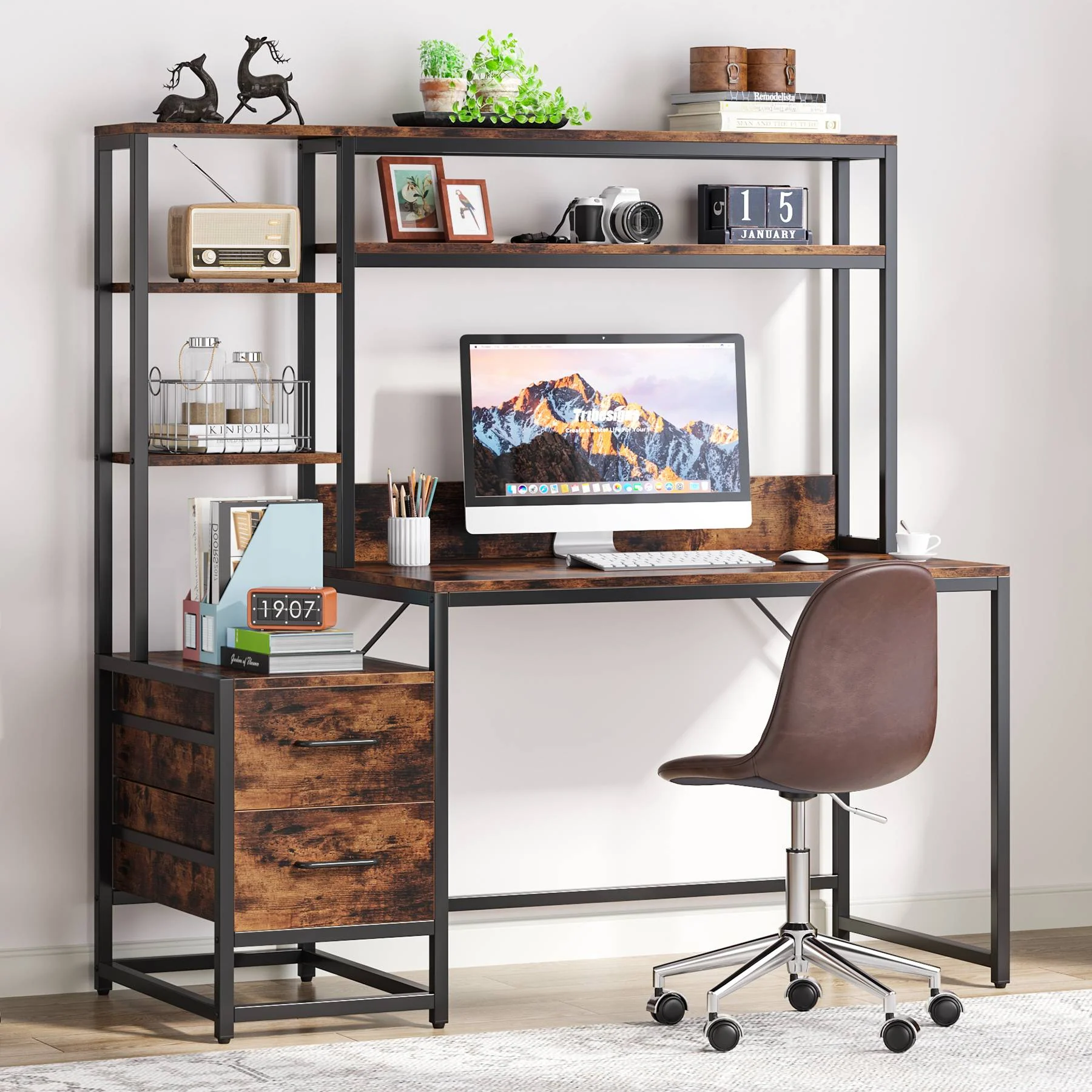 60" Tall Computer Desk Writing Table with 2 Drawers and Storage Shelves - Image 3