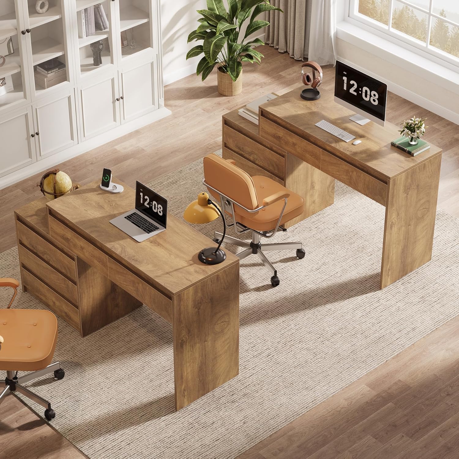 Computer Desk with 5 Drawers, Executive Home Office Desk with File Cabinet - Image 7