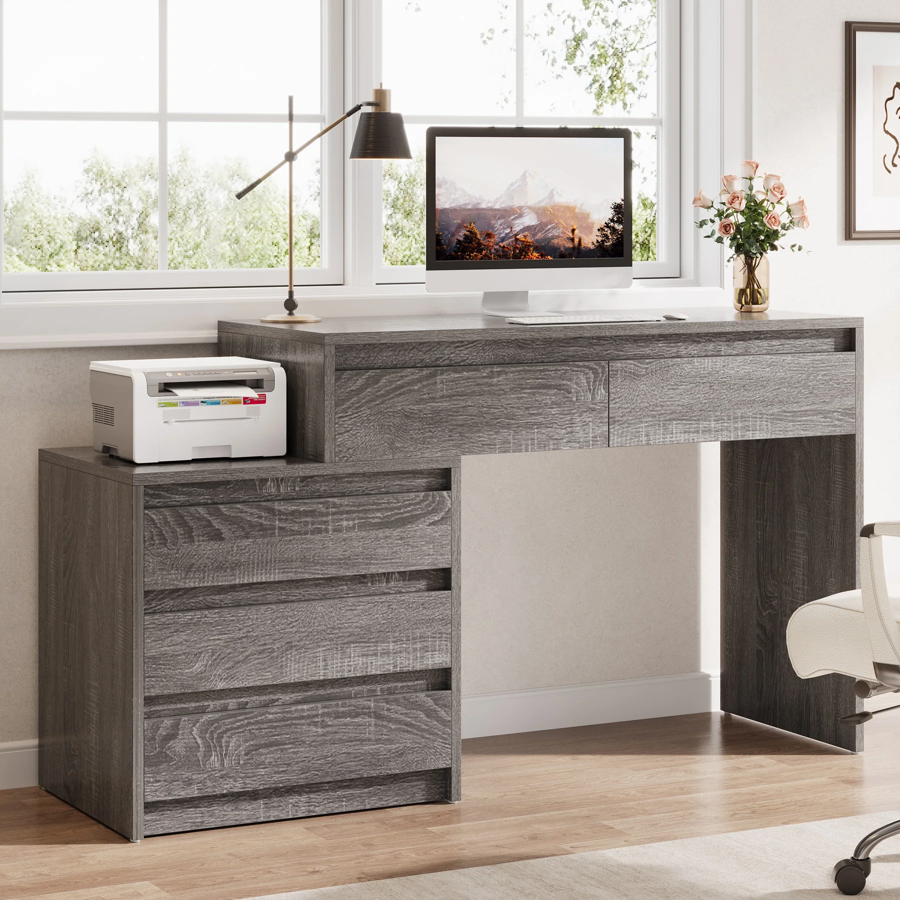 Computer Desk with 5 Drawers, Executive Home Office Desk with File Cabinet - Image 9
