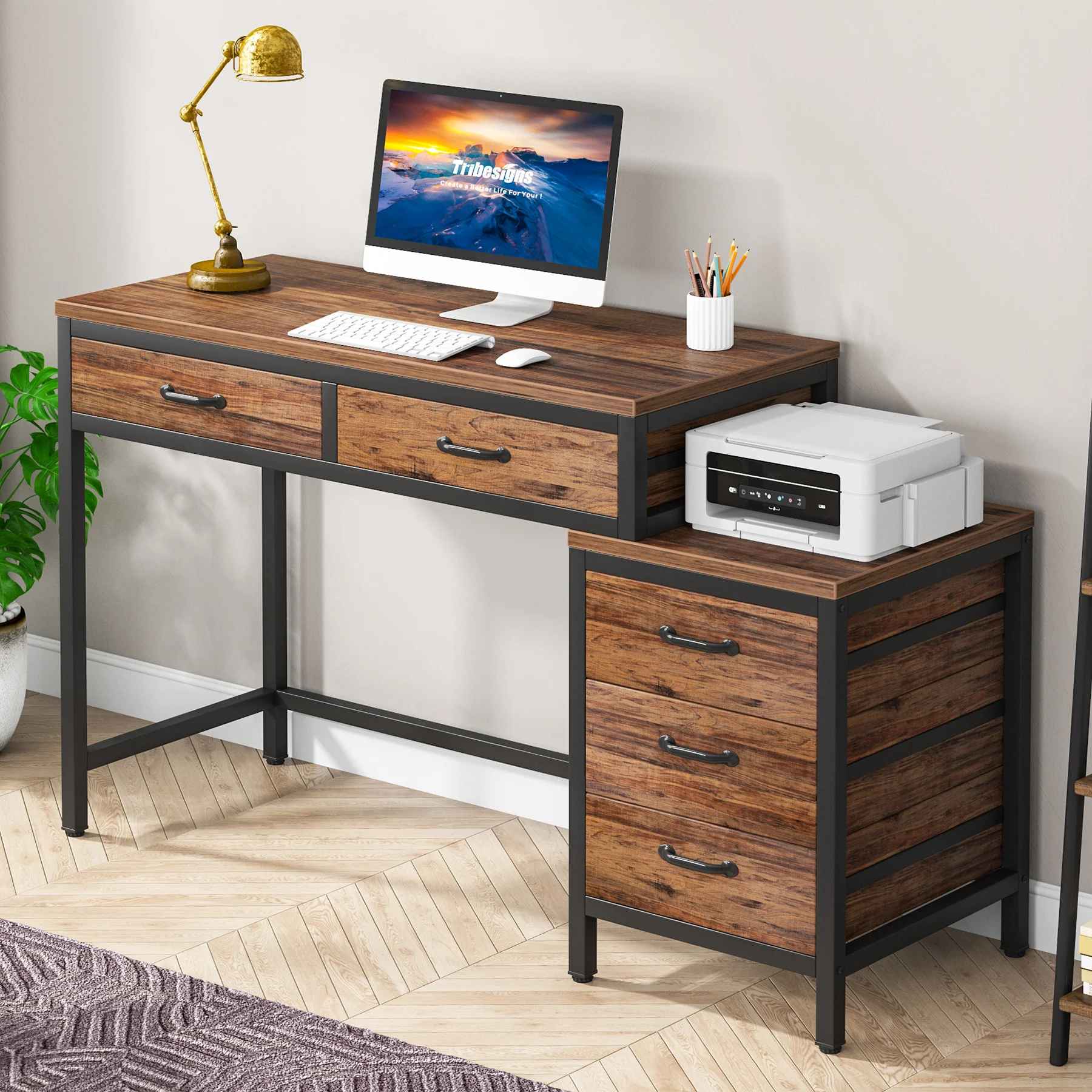 5-Drawer Computer Desk, Study Writing Table with Reversible Drawer Cabinet - Image 3