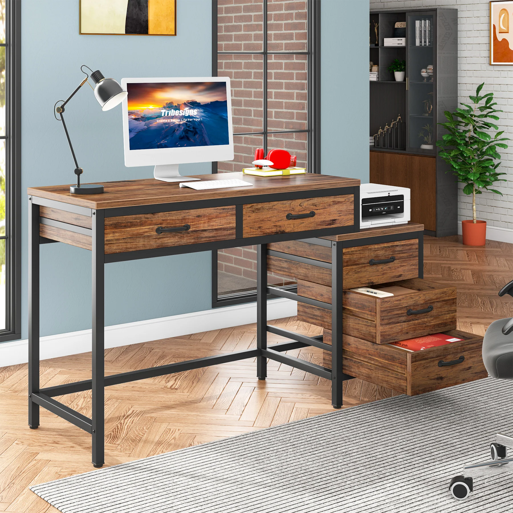 5-Drawer Computer Desk, Study Writing Table with Reversible Drawer Cabinet - Image 4