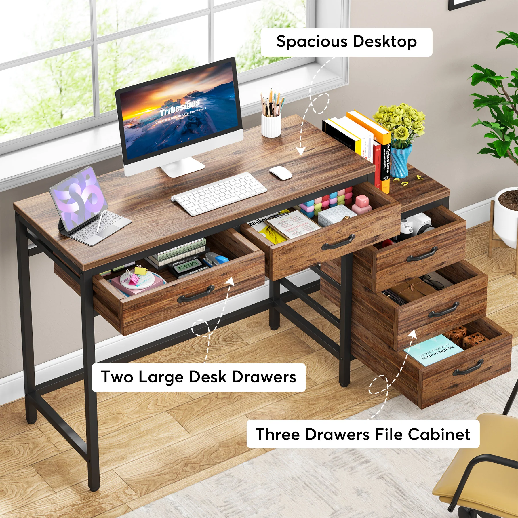 5-Drawer Computer Desk, Study Writing Table with Reversible Drawer Cabinet - Image 5