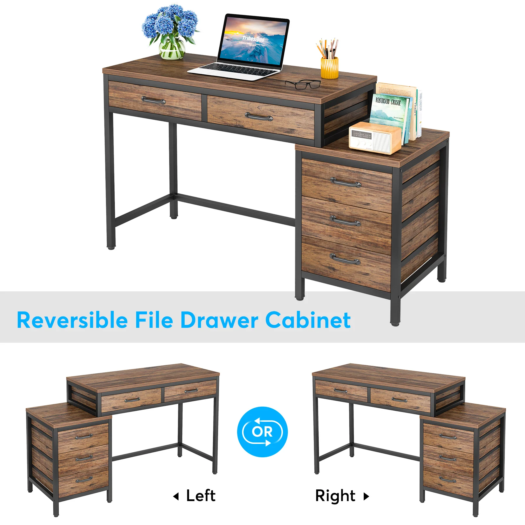 5-Drawer Computer Desk, Study Writing Table with Reversible Drawer Cabinet - Image 6
