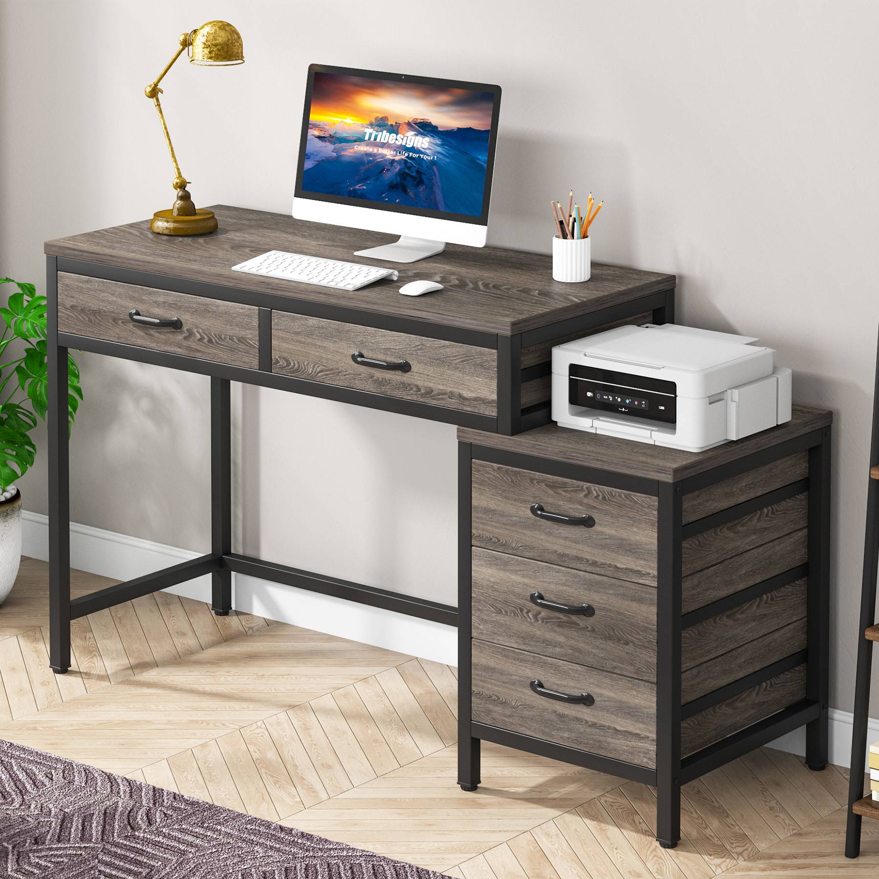 5-Drawer Computer Desk, Study Writing Table with Reversible Drawer Cabinet - Image 7