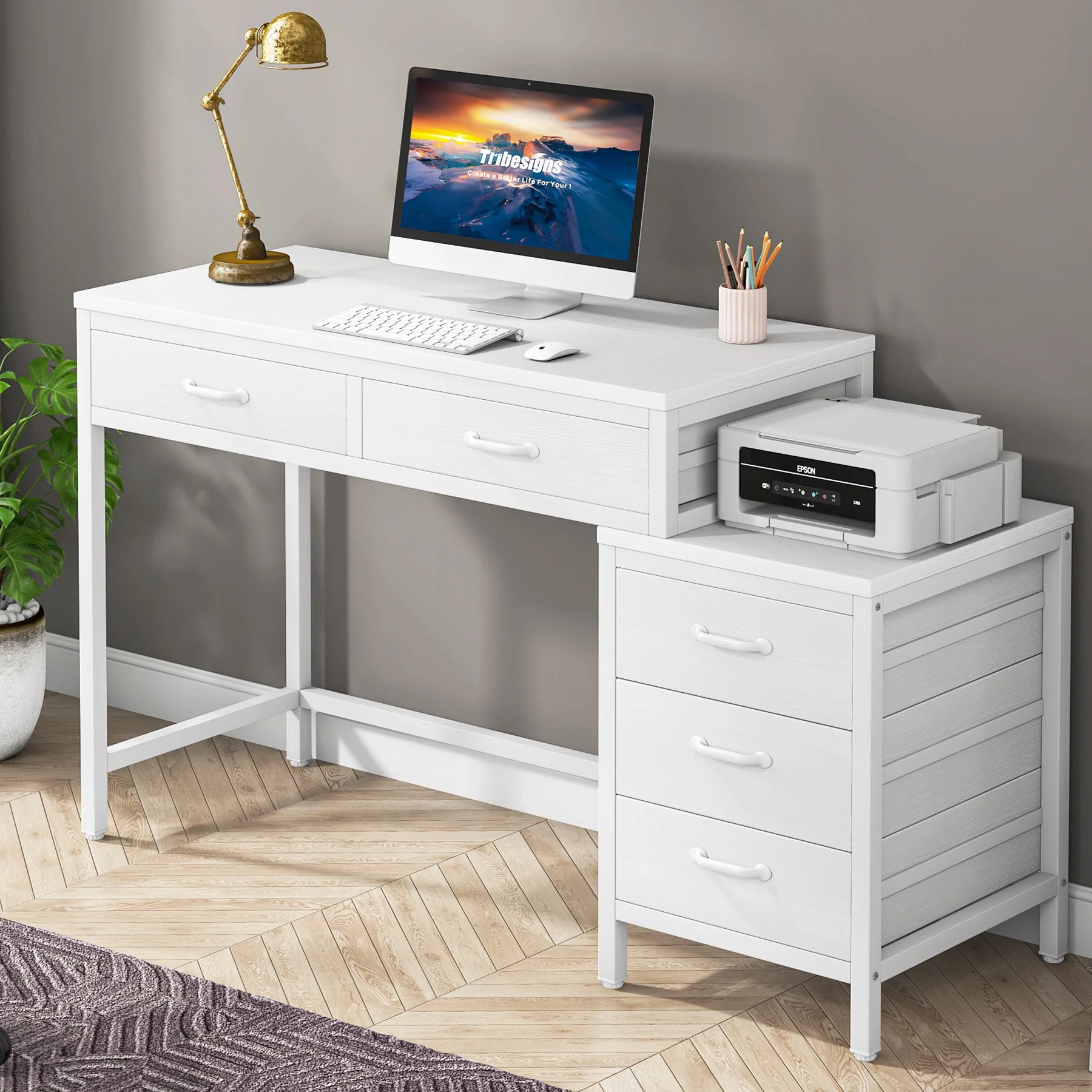 5-Drawer Computer Desk, Study Writing Table with Reversible Drawer Cabinet - Image 9