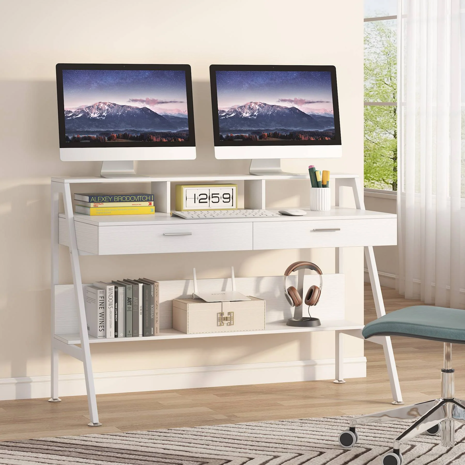 White Computer Desk, 47" Writing Desk with Storage Shelf & Drawers - Image 3