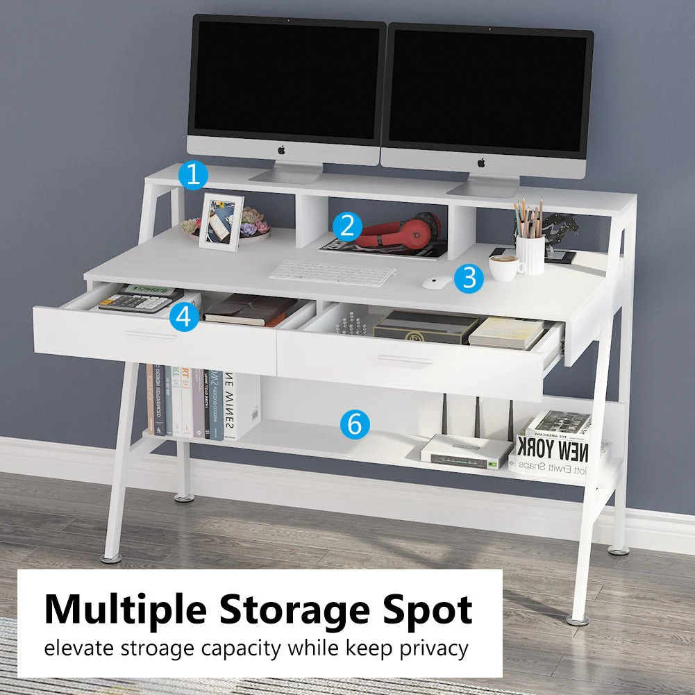 White Computer Desk, 47" Writing Desk with Storage Shelf & Drawers - Image 4