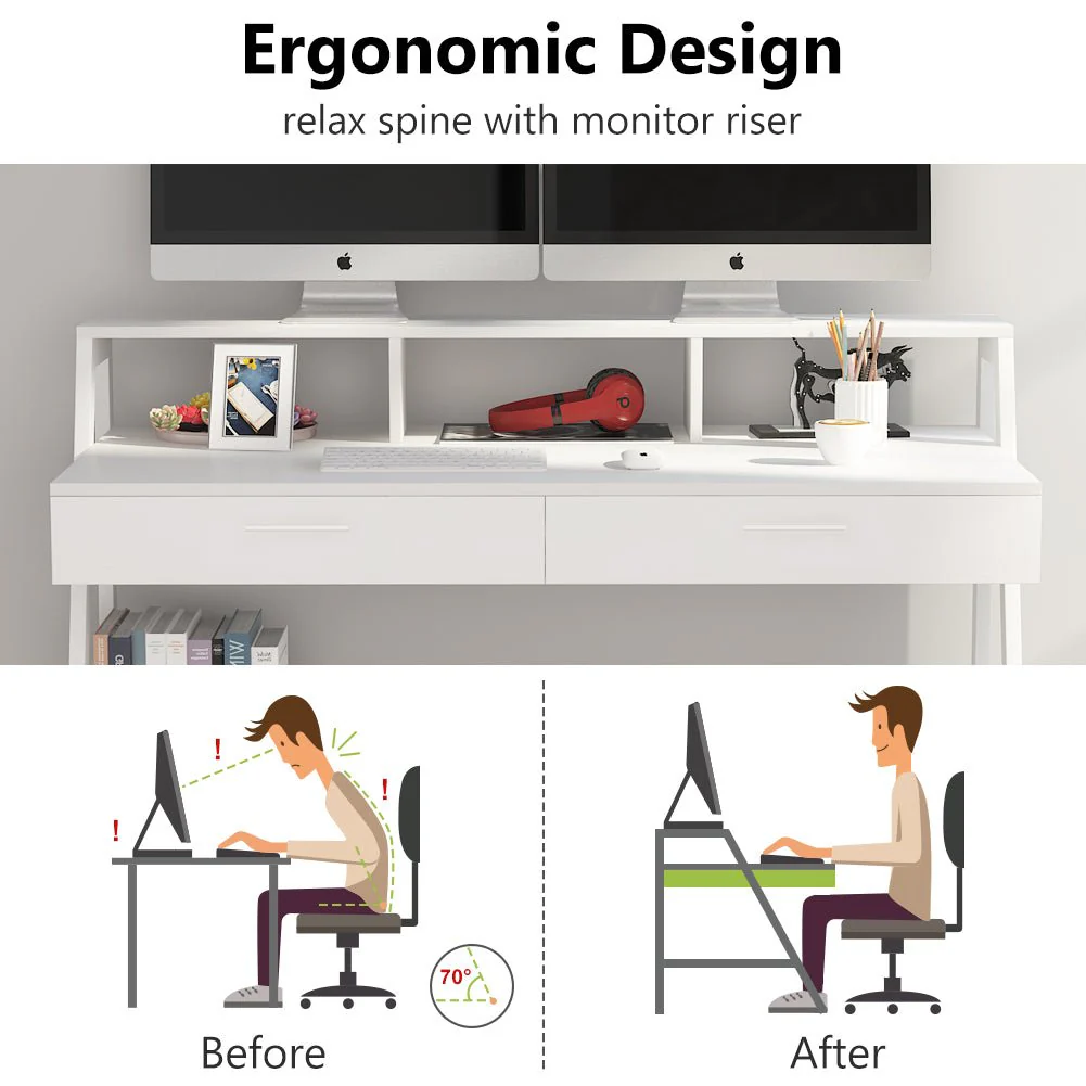 White Computer Desk, 47" Writing Desk with Storage Shelf & Drawers - Image 5