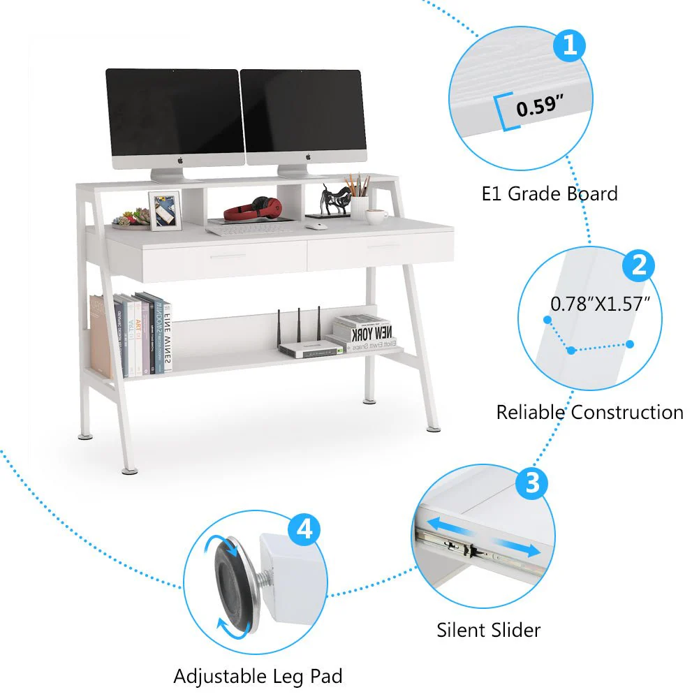 White Computer Desk, 47" Writing Desk with Storage Shelf & Drawers - Image 6