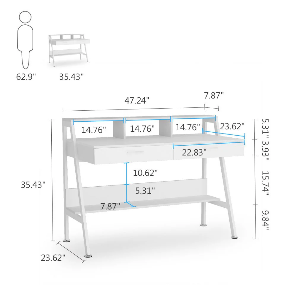 White Computer Desk, 47" Writing Desk with Storage Shelf & Drawers - Image 7