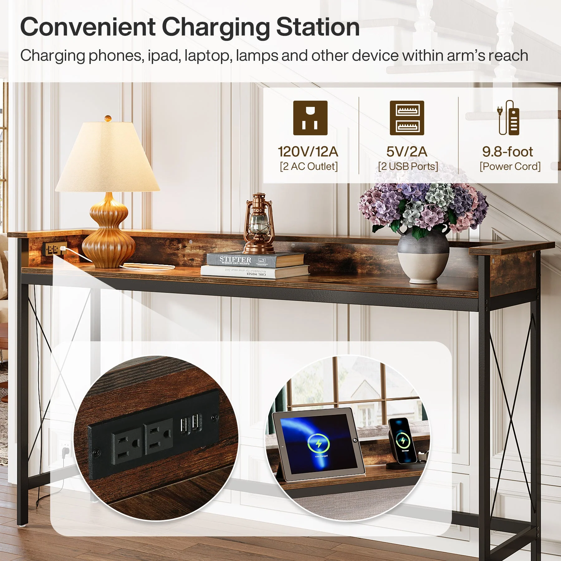 Industrial Console Table, 70.9" Sofa Table with Outlets and USB Ports - Image 6