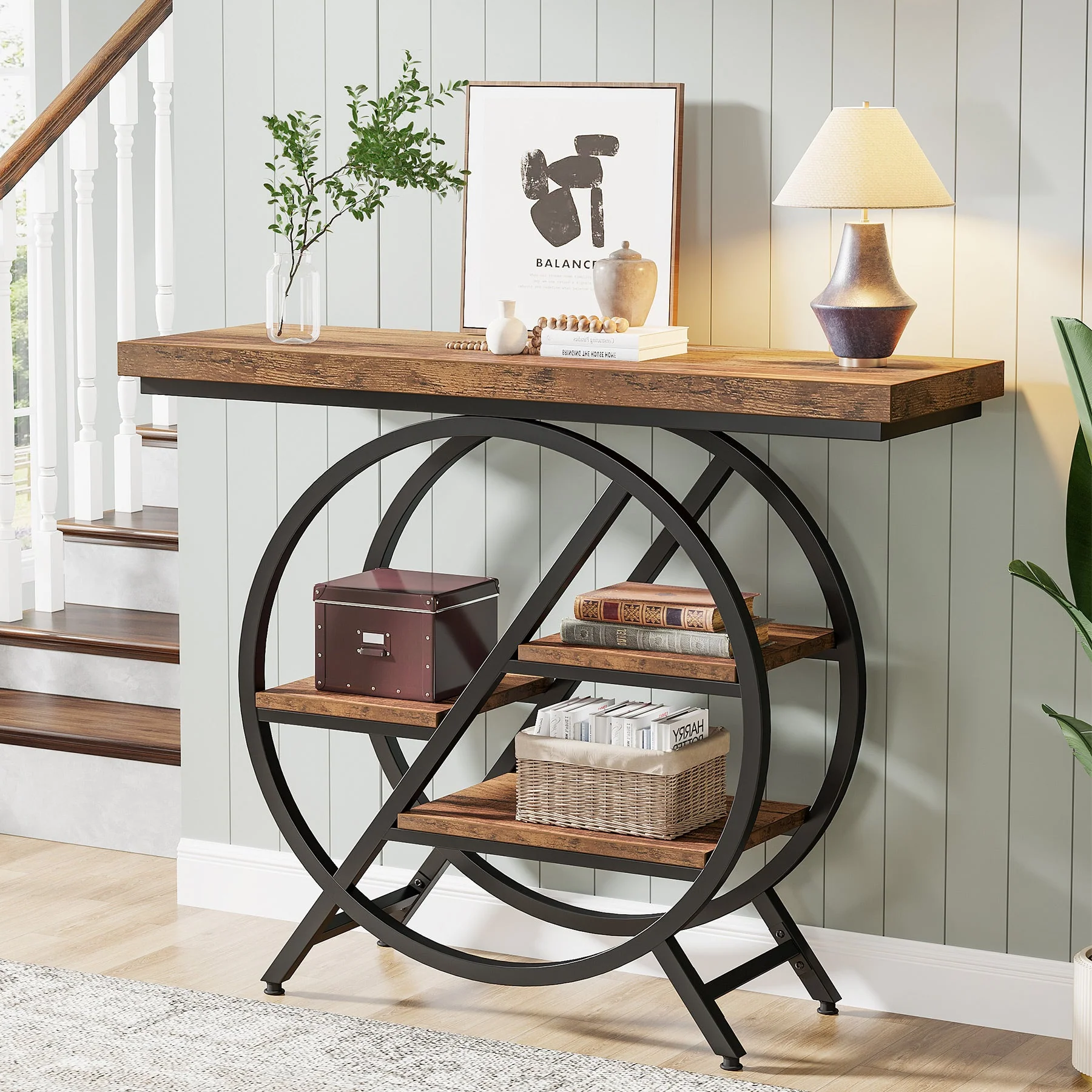 4-Tier Console Table, 39.4" Entryway Table with Geometric Metal Frame - Image 3