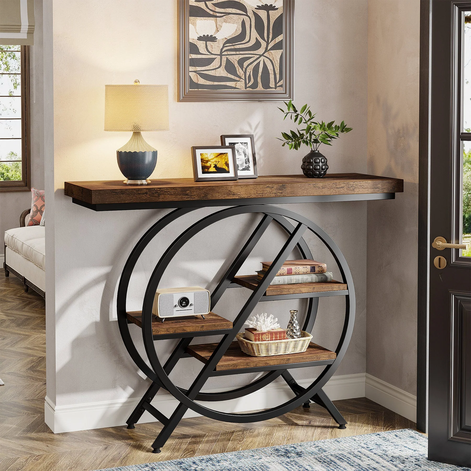 4-Tier Console Table, 39.4" Entryway Table with Geometric Metal Frame - Image 4