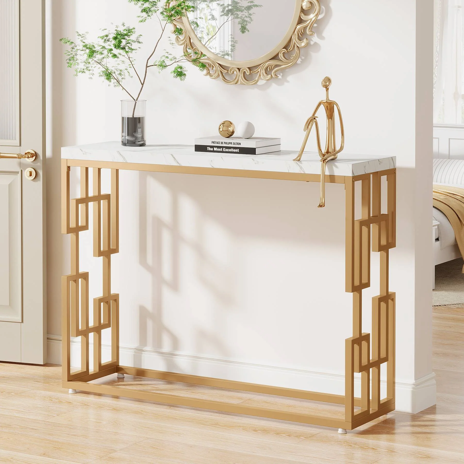 Modern Console Table, 42.5" Sofa Foyer Table with Faux Marble Tabletop - Image 3