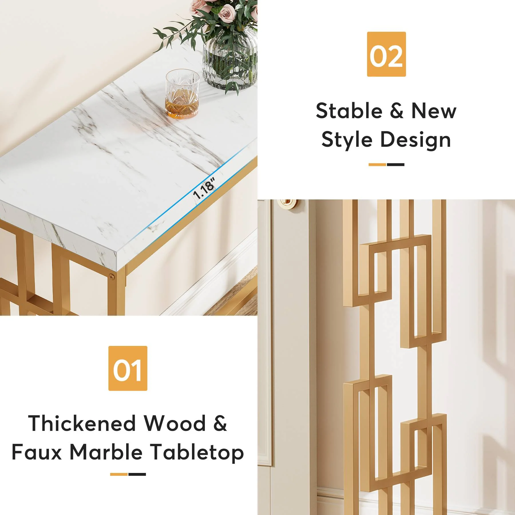 Modern Console Table, 42.5" Sofa Foyer Table with Faux Marble Tabletop - Image 6
