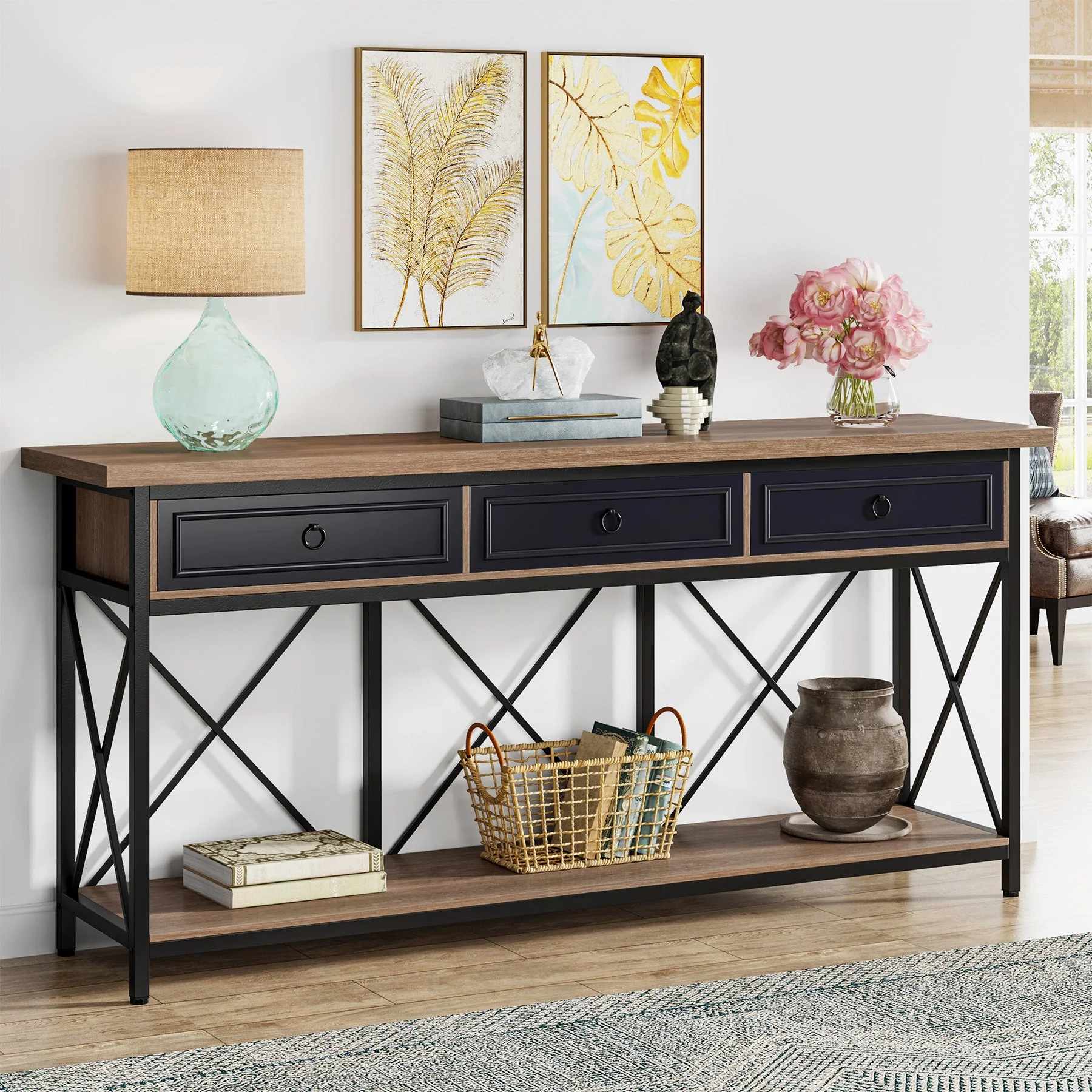 3-Drawer Console Table, 70.8" Sofa Foyer Table with Storage Shelf - Image 8