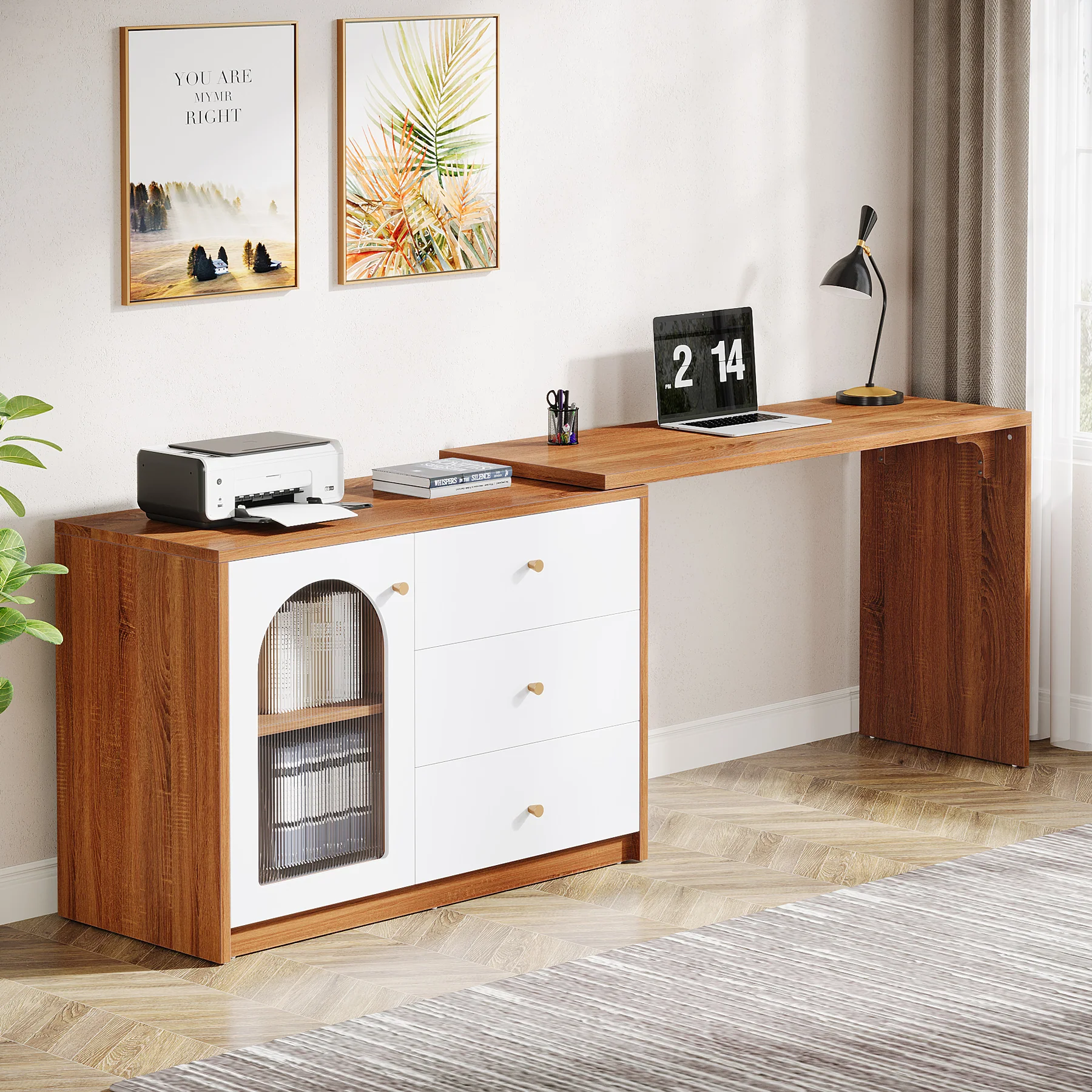 L-Shaped Computer Desk, Corner Office Desk with Reversible Storage Cabinet - Image 3