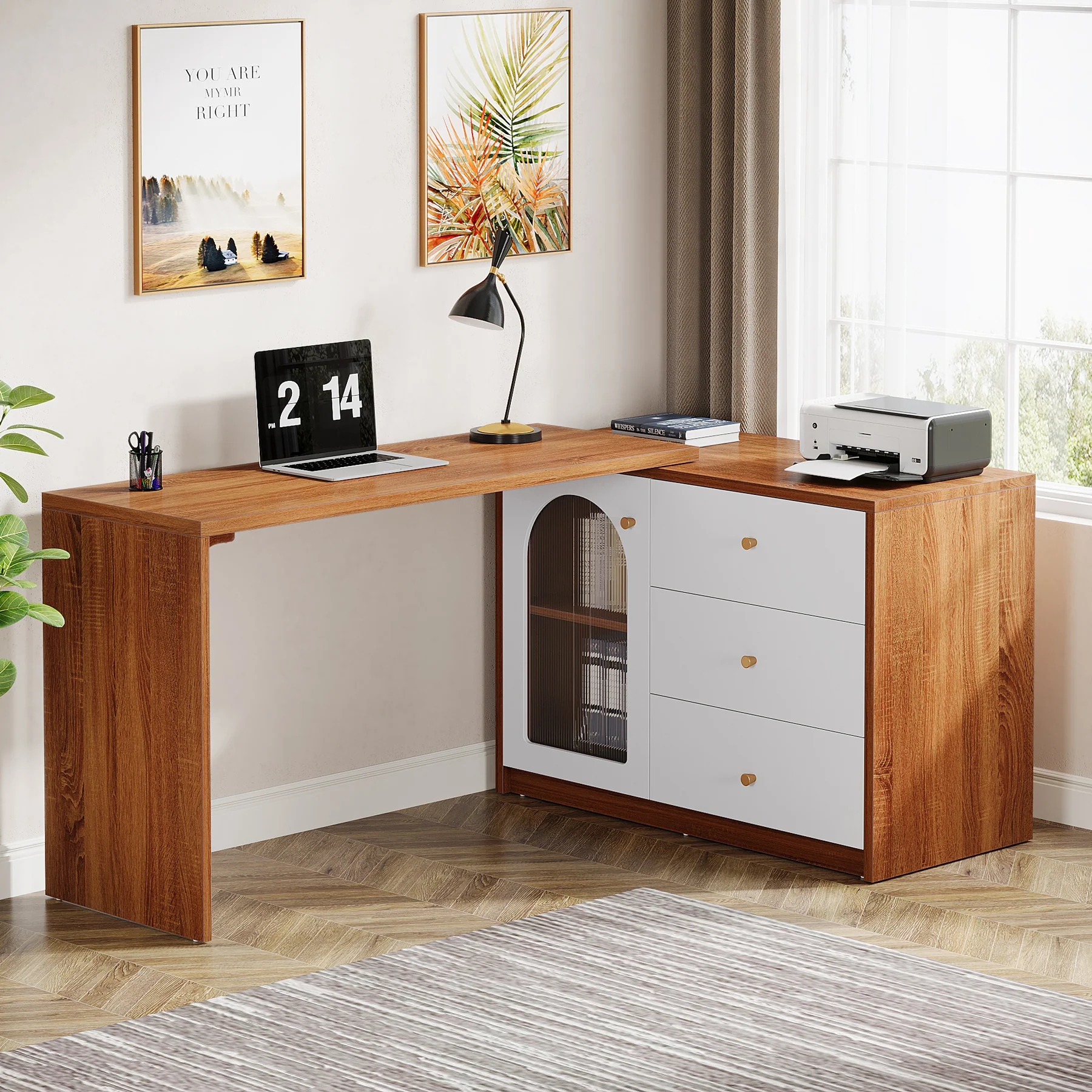 L-Shaped Computer Desk, Corner Office Desk with Reversible Storage Cabinet - Image 4