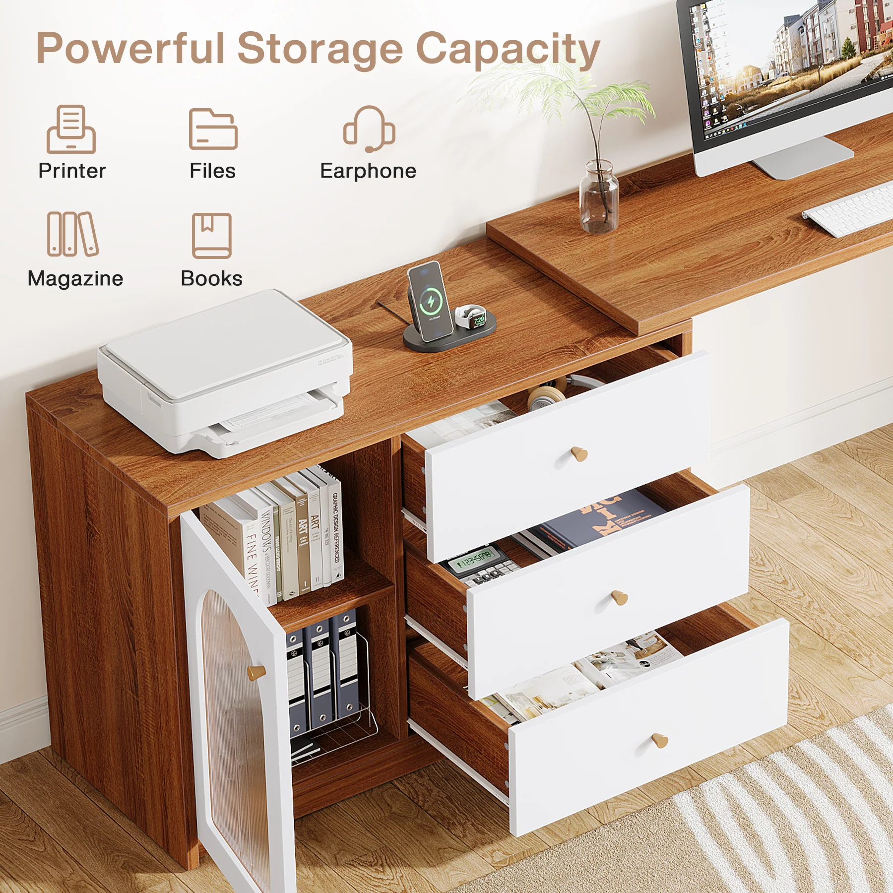 L-Shaped Computer Desk, Corner Office Desk with Reversible Storage Cabinet - Image 6