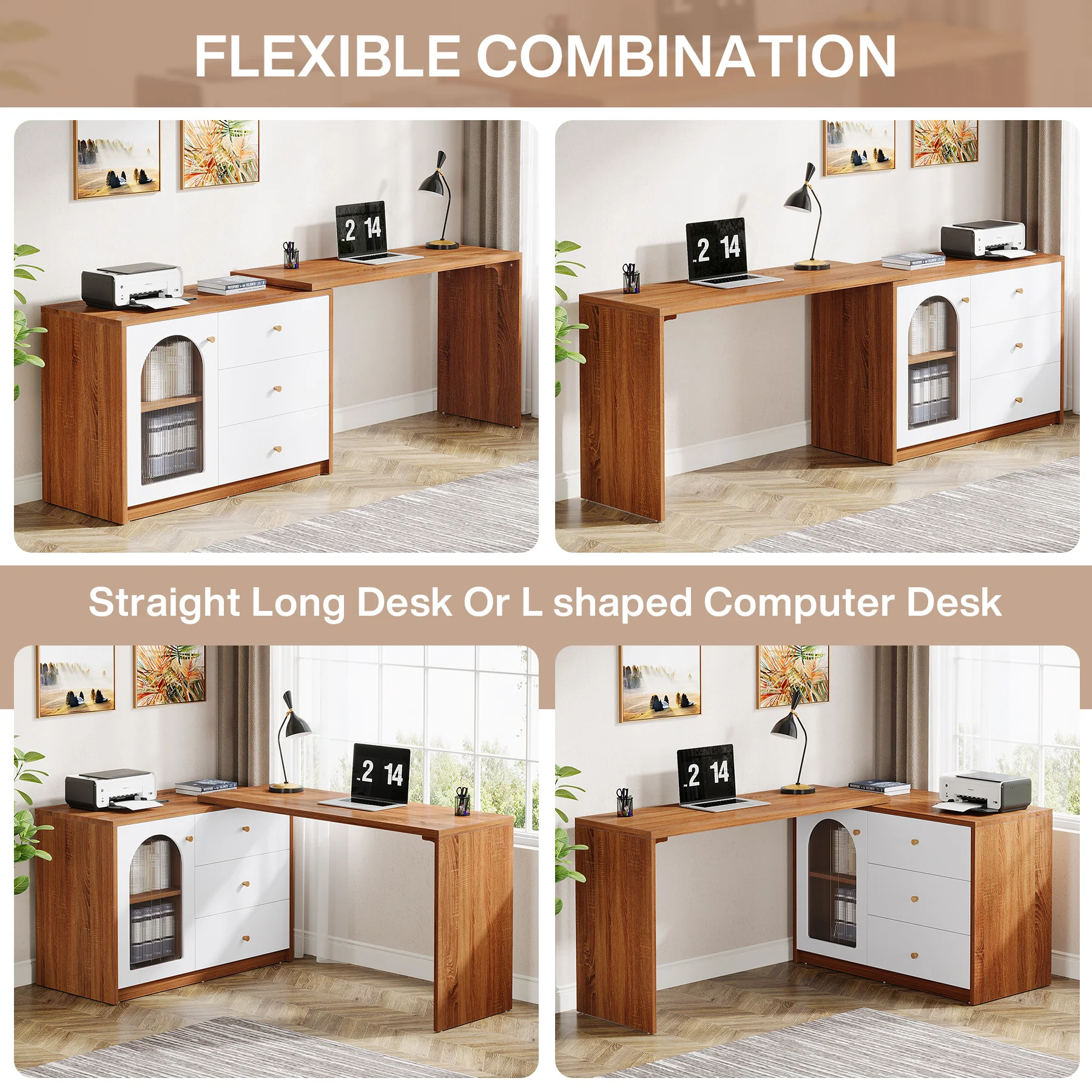 L-Shaped Computer Desk, Corner Office Desk with Reversible Storage Cabinet - Image 7