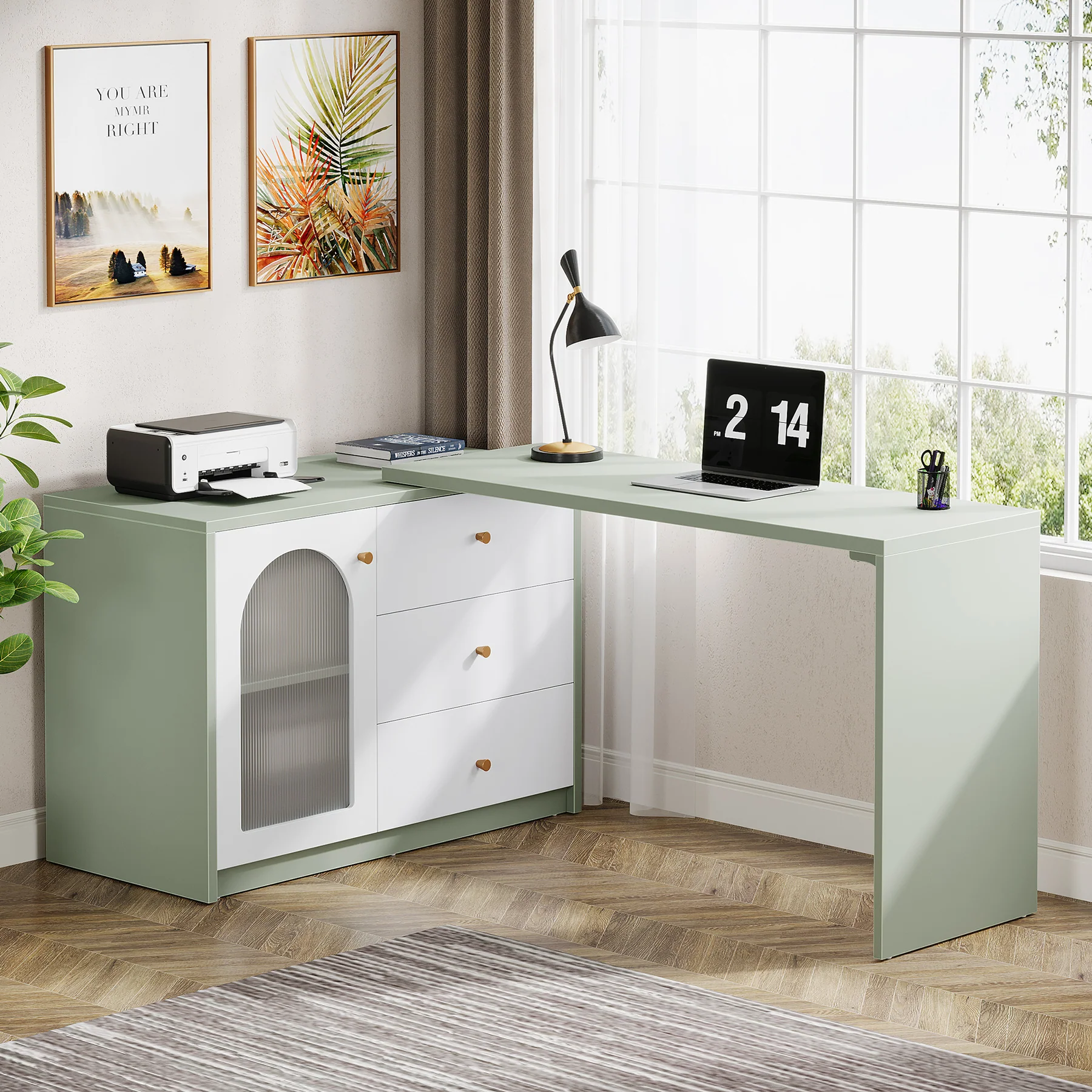 L-Shaped Computer Desk, Corner Office Desk with Reversible Storage Cabinet - Image 8