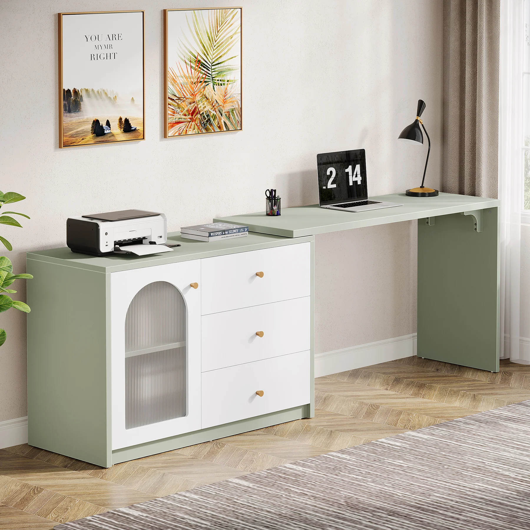 L-Shaped Computer Desk, Corner Office Desk with Reversible Storage Cabinet - Image 9