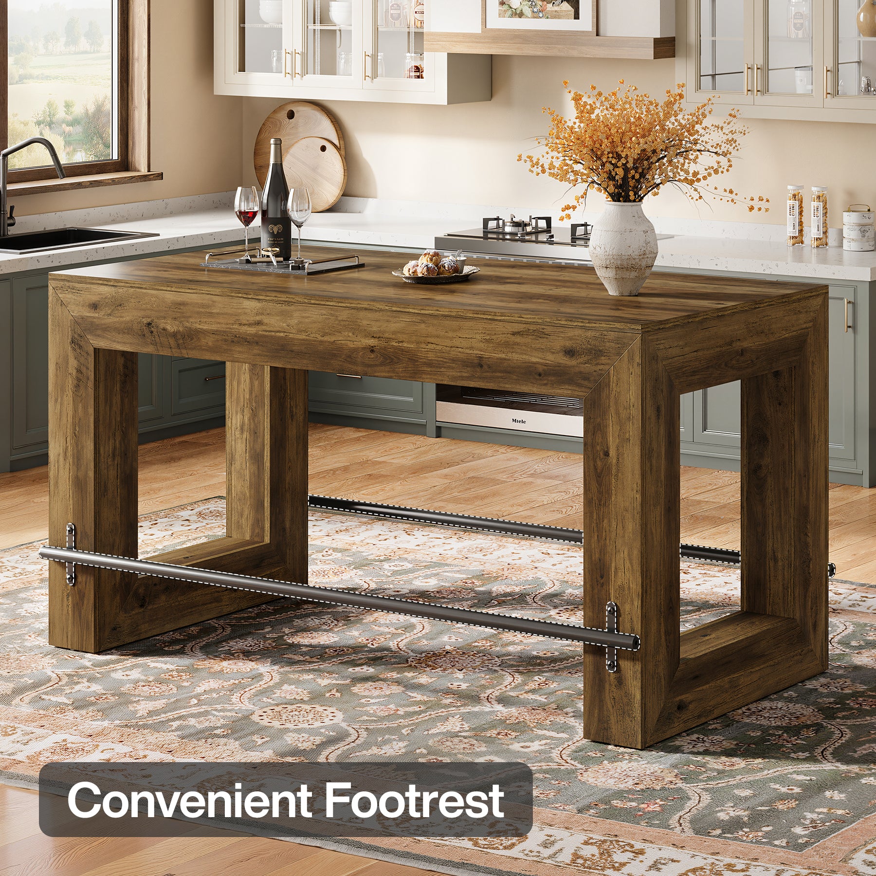 Counter Height Bar Table, 59" Pub Table With Metal Footrest For Dining Room - Image 7