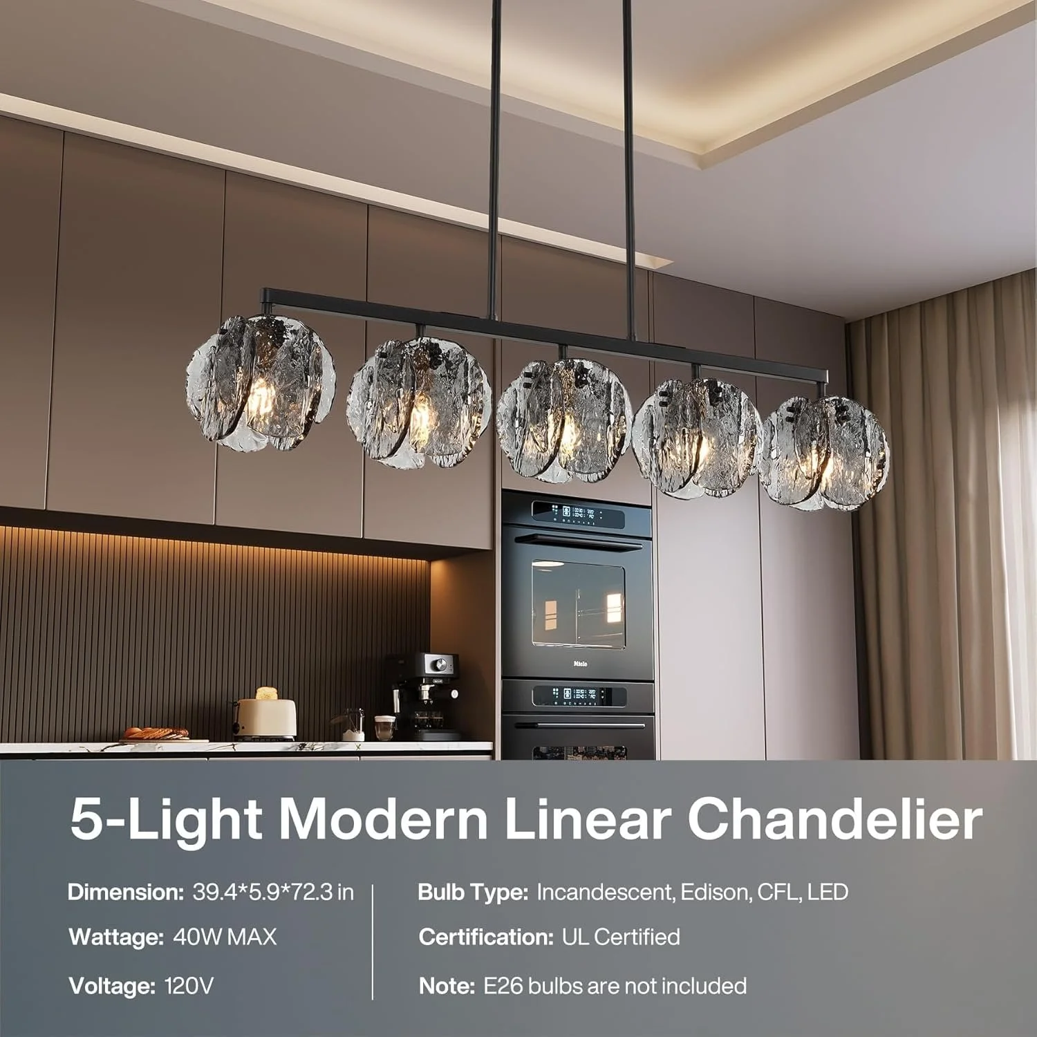 5-Light Dining Room Light Fixture, Luxury Linear Chandelier with Adjustable Height - Image 5
