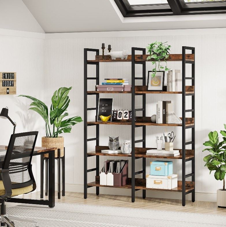 5-Tier Bookshelf, Double Wide Bookcase Storage Shelves Unit - Image 4