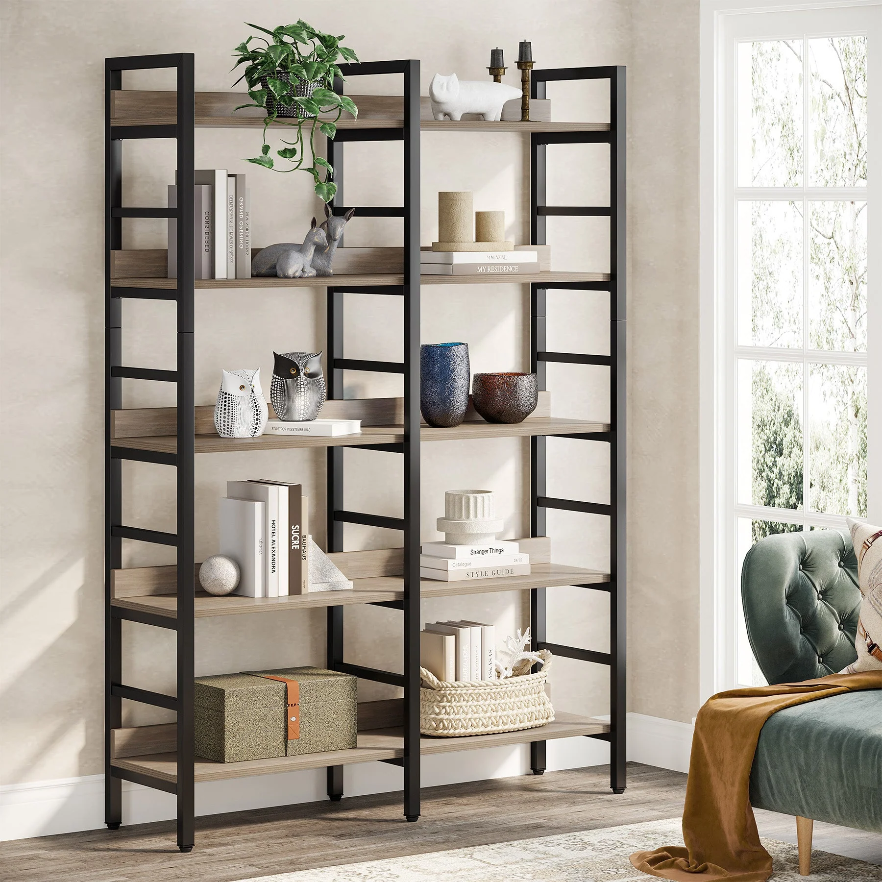 5-Tier Bookshelf, Double Wide Bookcase Storage Shelves Unit - Image 8
