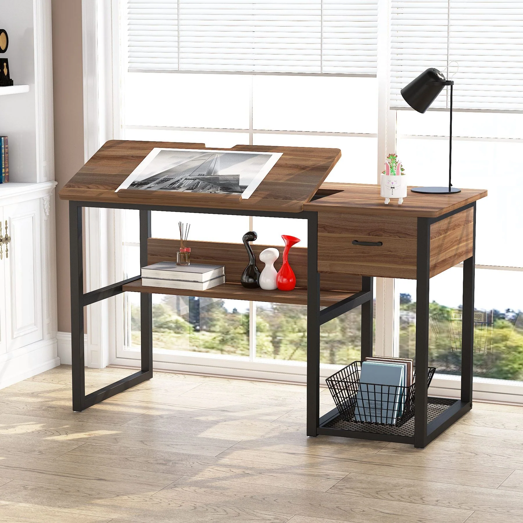 47.2" Drafting Table, Drawing Computer Desk with Storage Drawers - Image 3