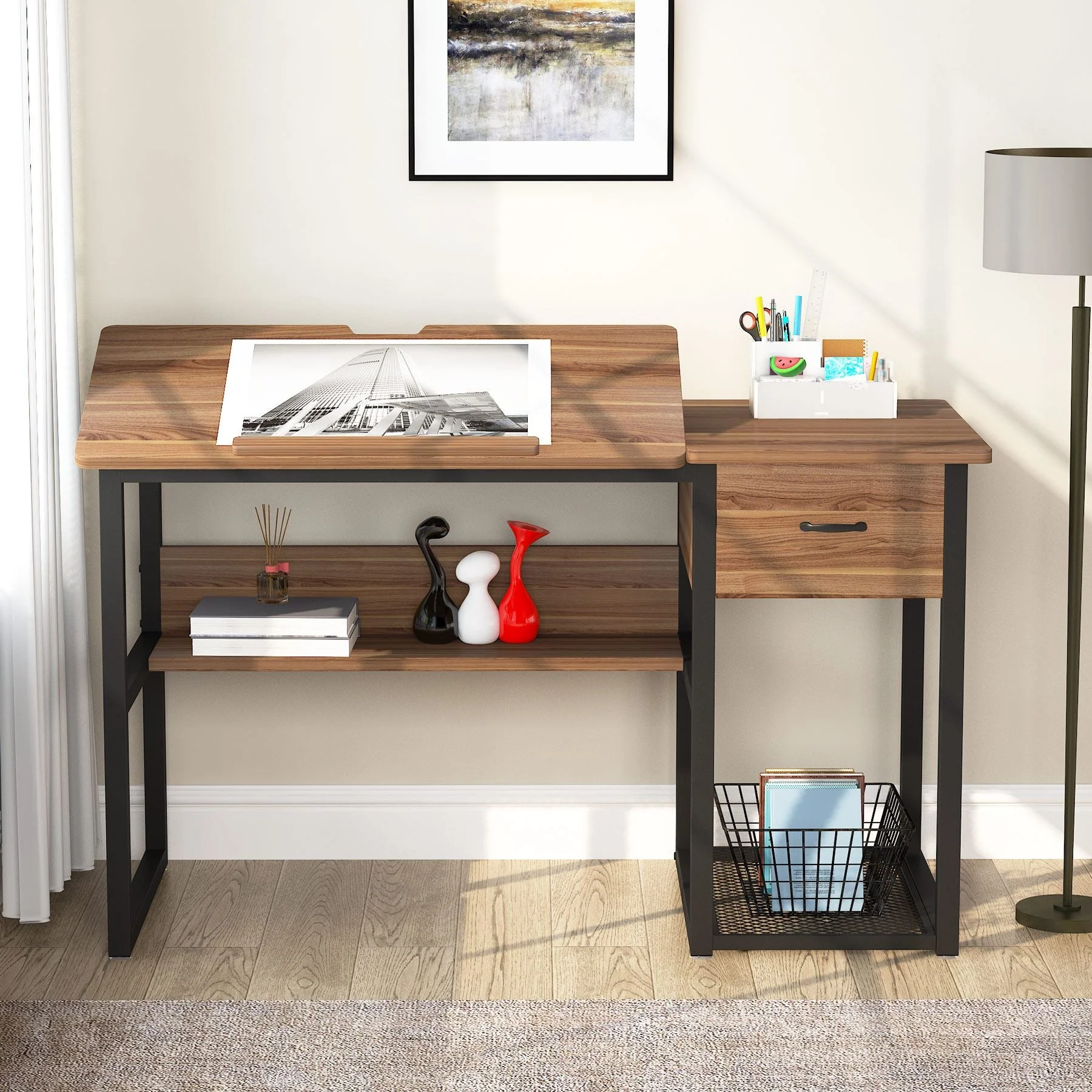 47.2" Drafting Table, Drawing Computer Desk with Storage Drawers - Image 4