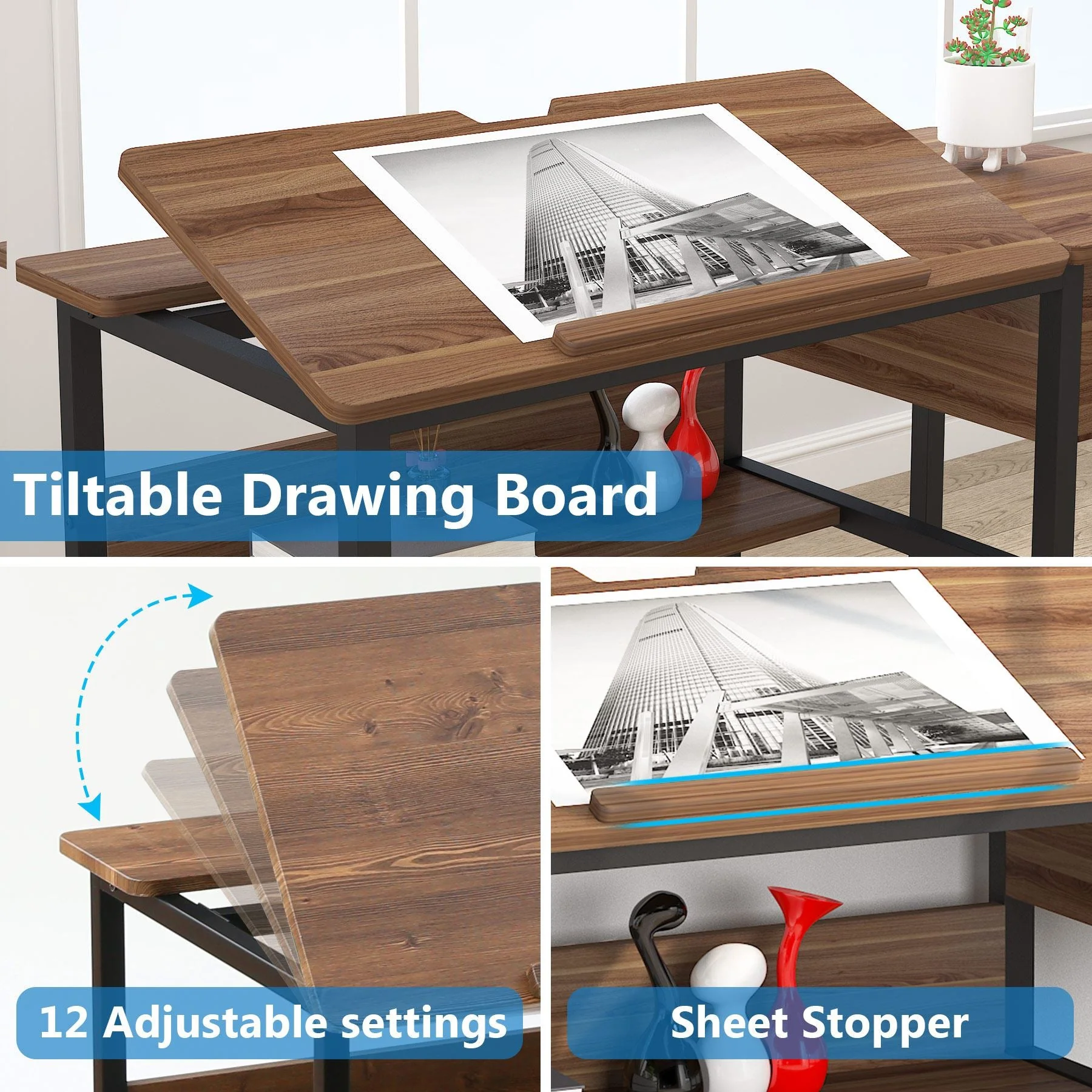 47.2" Drafting Table, Drawing Computer Desk with Storage Drawers - Image 6