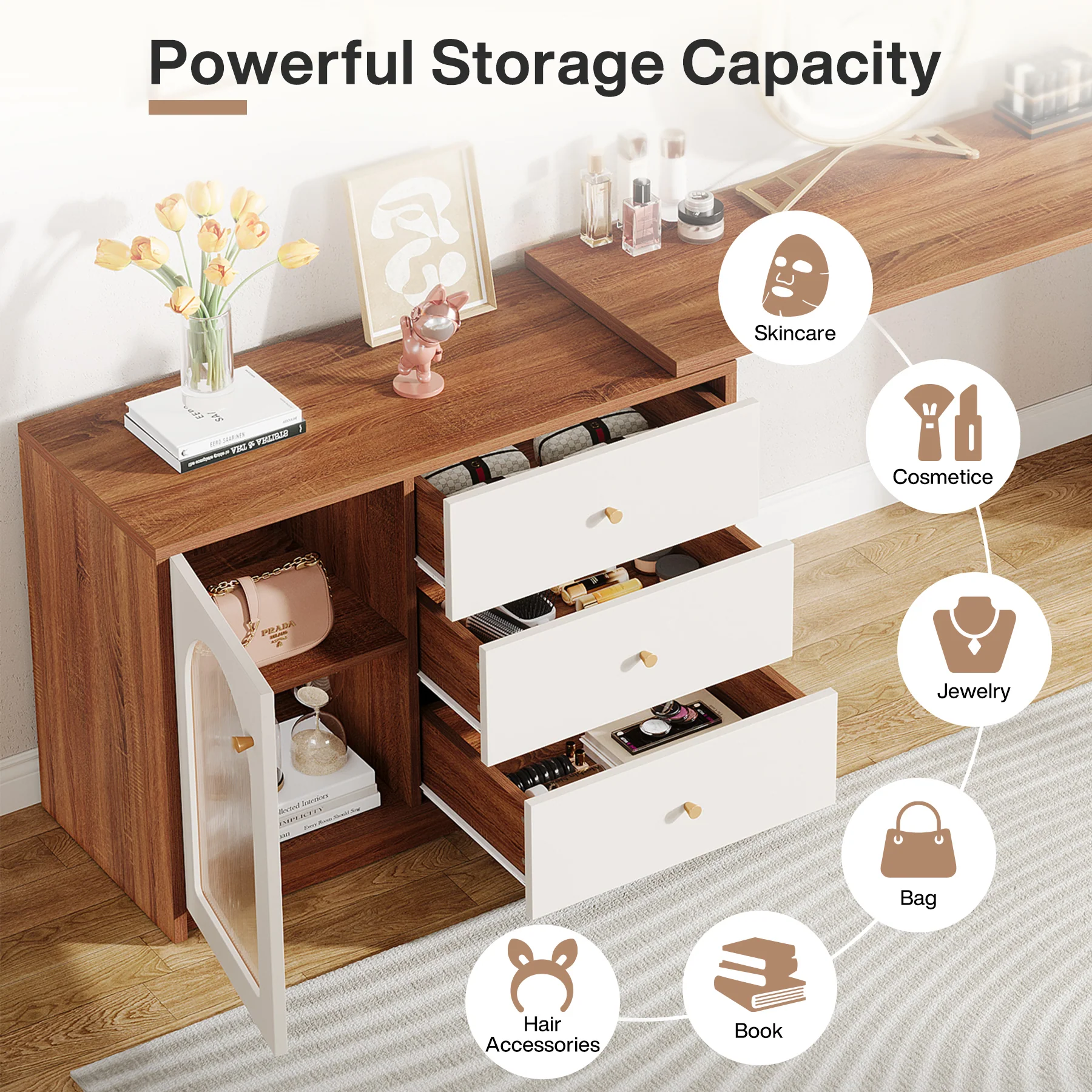 Modern Makeup Vanity, Dressing Table with 3 Drawers and Cabinet - Image 6