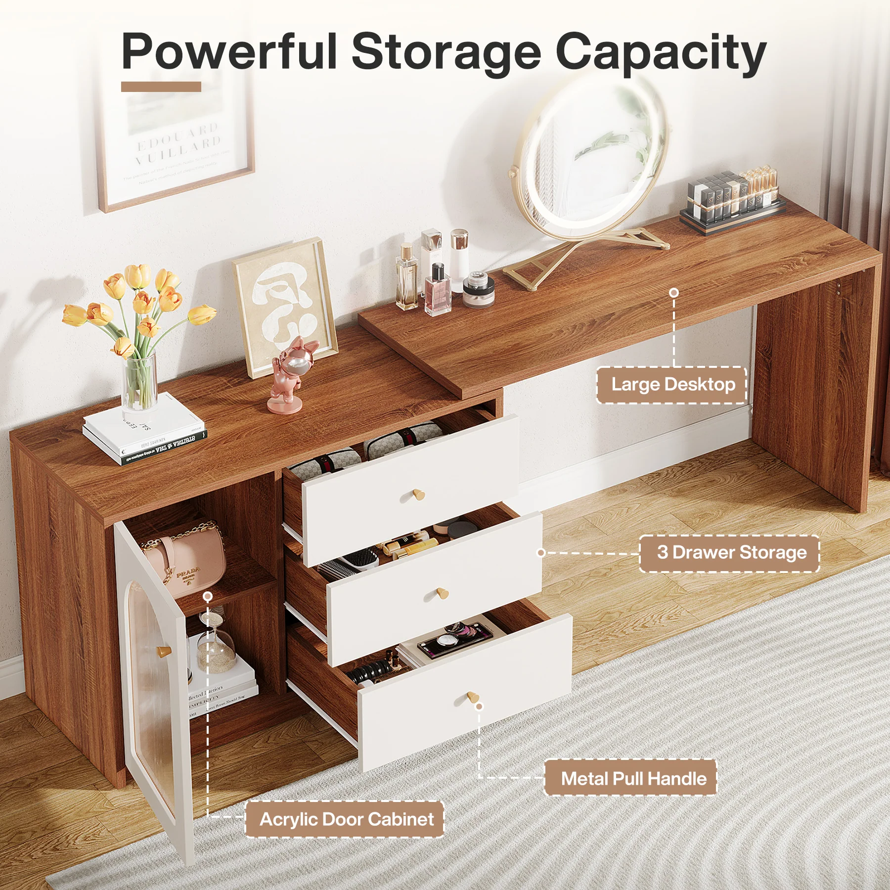 Modern Makeup Vanity, Dressing Table with 3 Drawers and Cabinet - Image 8
