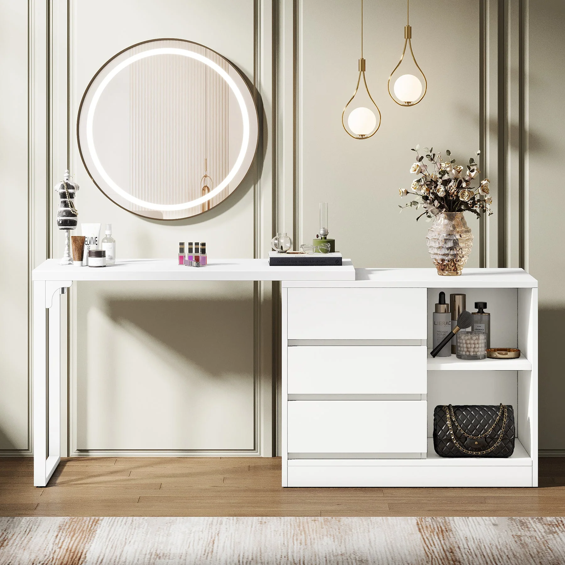 Modern Makeup Vanity, Dressing Table With 3 Drawers & Storage Shelves