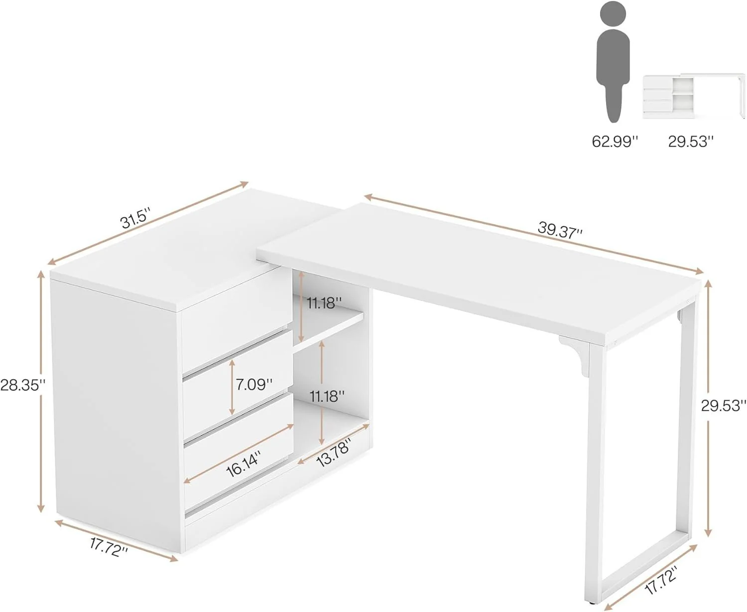 Modern Makeup Vanity, Dressing Table With 3 Drawers & Storage Shelves - Image 2