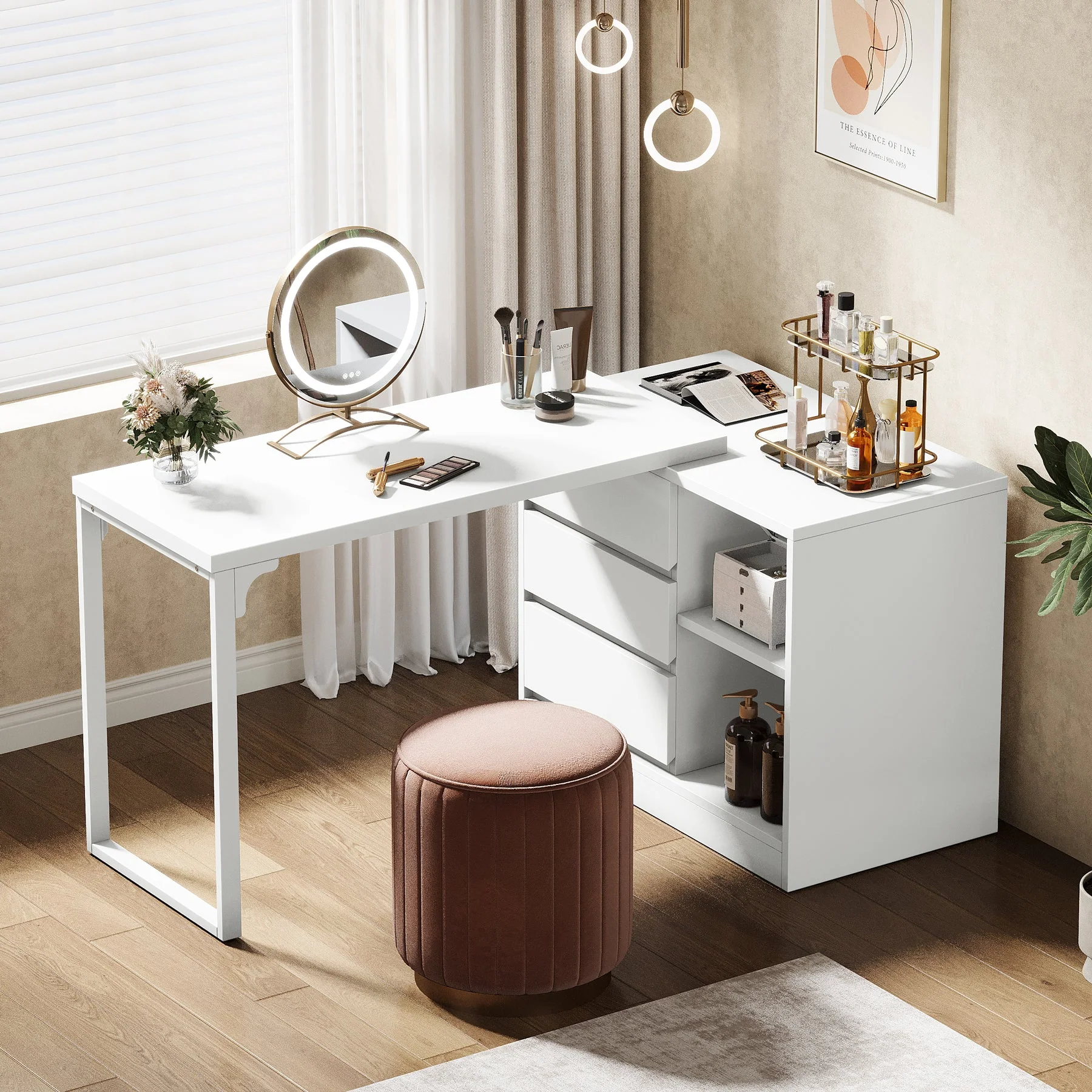 Modern Makeup Vanity, Dressing Table With 3 Drawers & Storage Shelves - Image 4